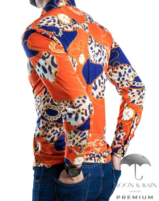Camisa Hombre Casual Slim Fit Animal Print Naranja, Azul Rey