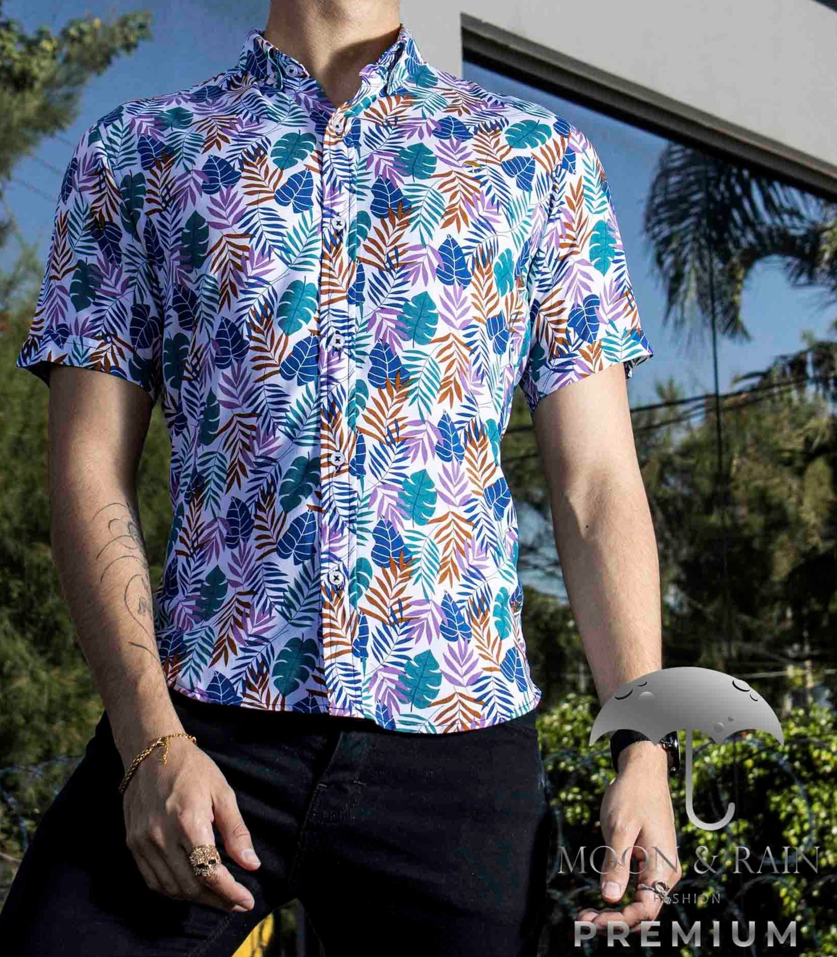 Camisa Hombre Casual Slim Fit Hojas Verdes, Rosas Y Cafés - 34 (S)-Tiendas Platino