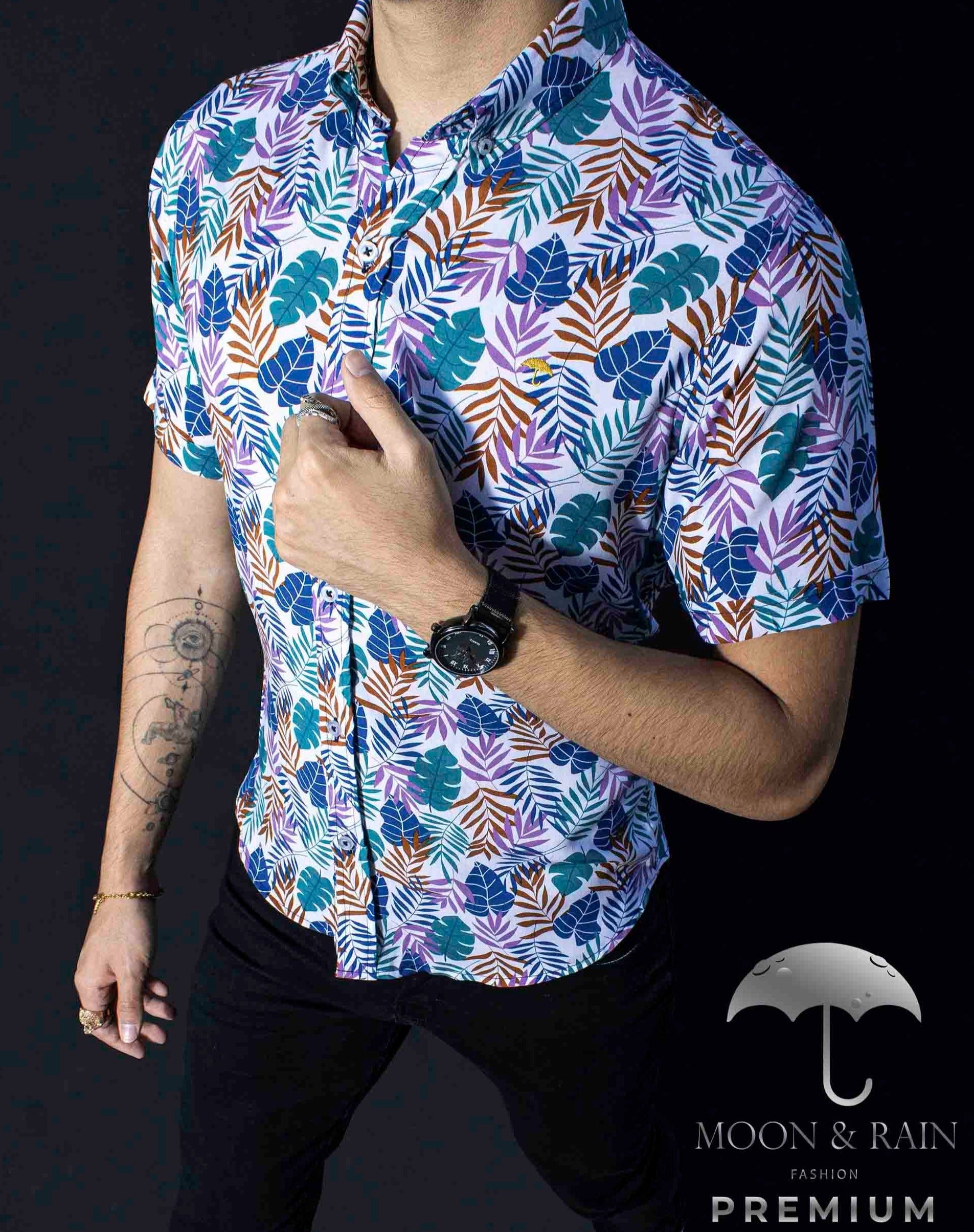 Camisa Hombre Casual Slim Fit Hojas Verdes, Rosas Y Cafés