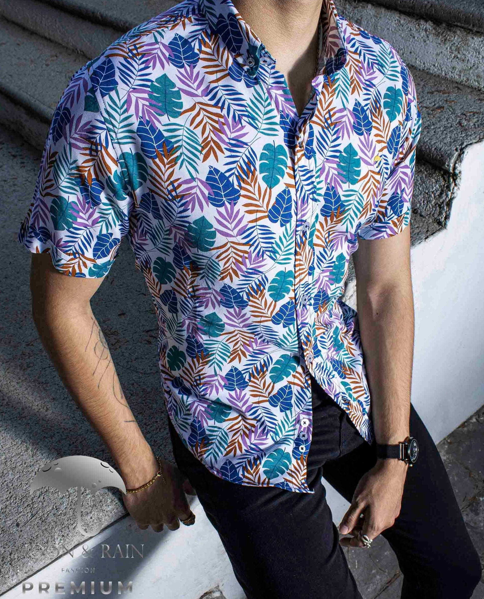 Camisa Hombre Casual Slim Fit Hojas Verdes, Rosas Y Cafés - 34 (S)-Tiendas Platino