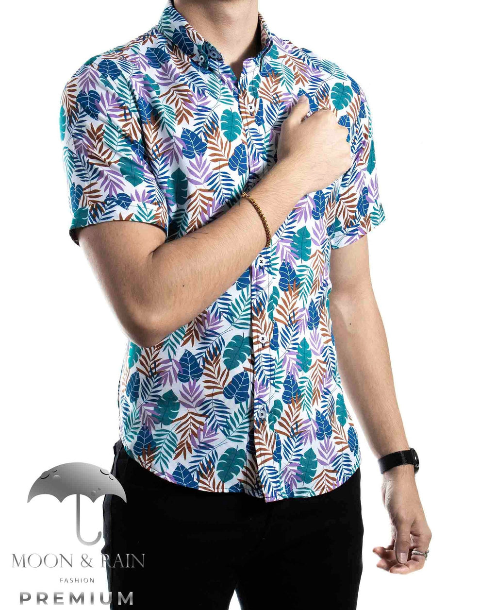 Camisa Hombre Casual Slim Fit Hojas Verdes, Rosas Y Cafés - 34 (S)-Tiendas Platino