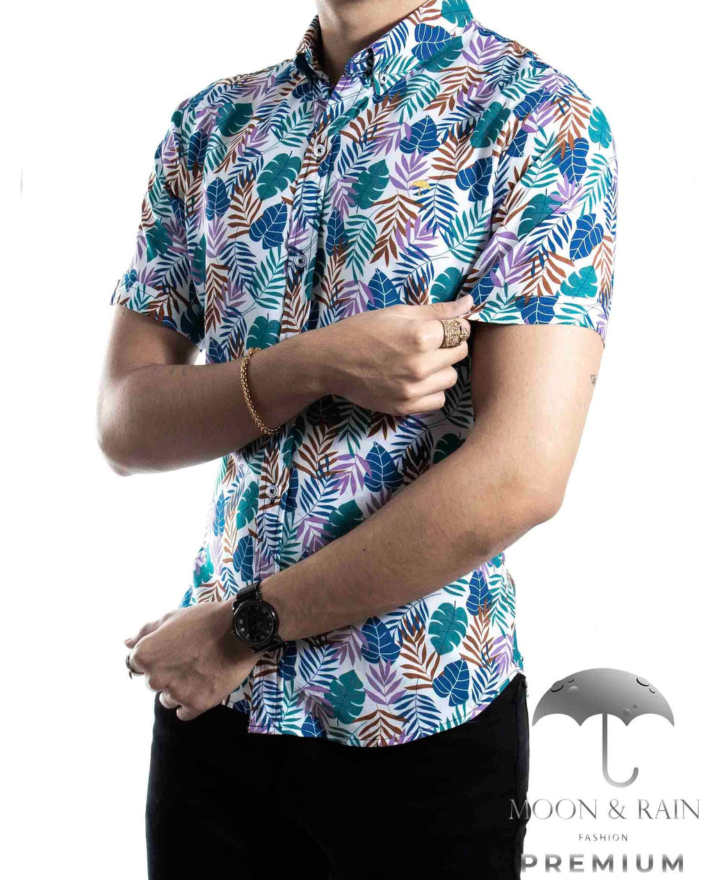 Camisa Hombre Casual Slim Fit Hojas Verdes, Rosas Y Cafés - 34 (S)-Tiendas Platino