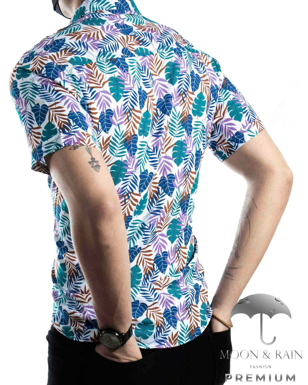 Camisa Hombre Casual Slim Fit Hojas Verdes, Rosas Y Cafés - 34 (S)-Tiendas Platino