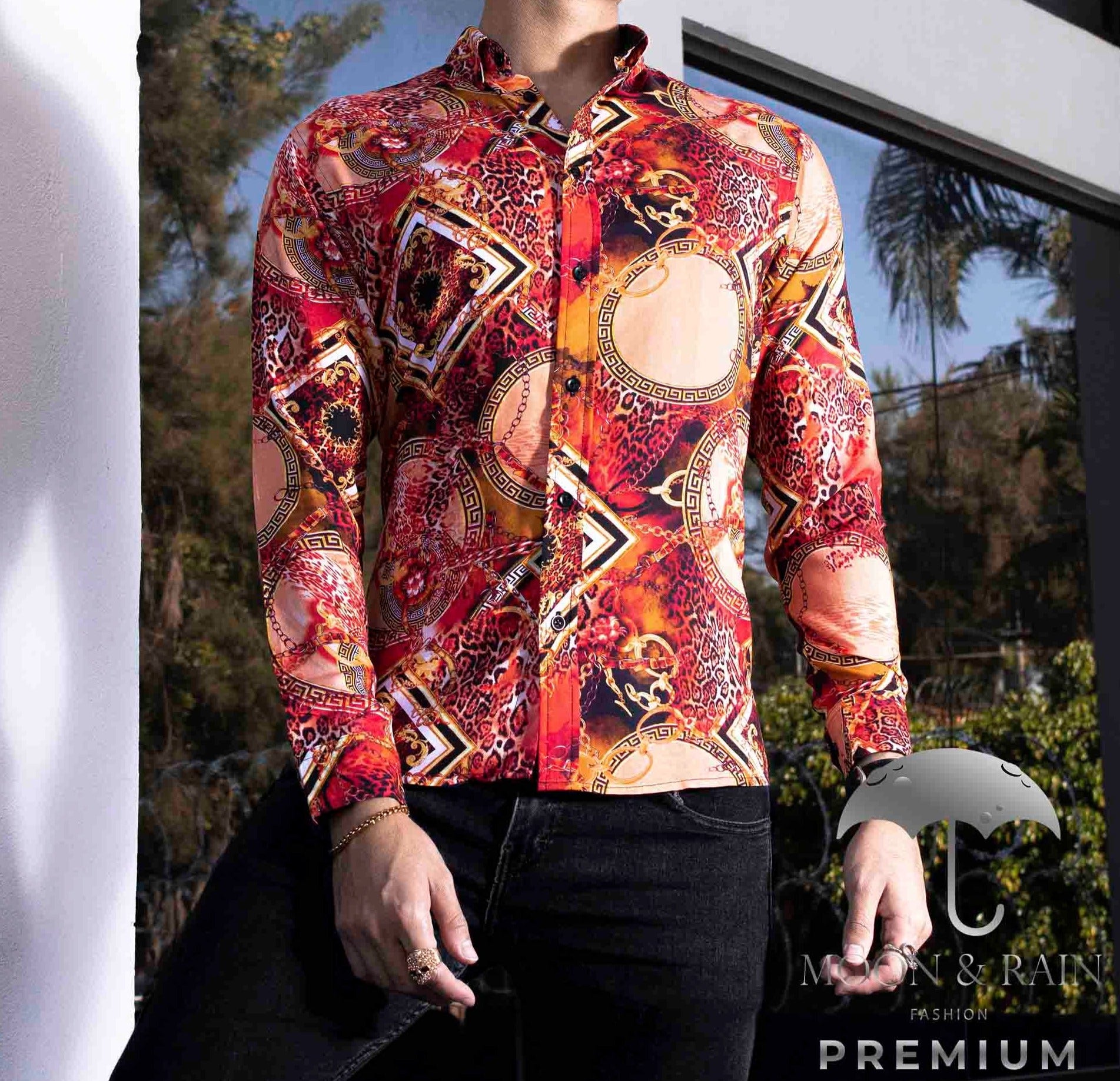 Camisa Hombre Casual Slim Fit Rojo Fuego Animal Print Cadena