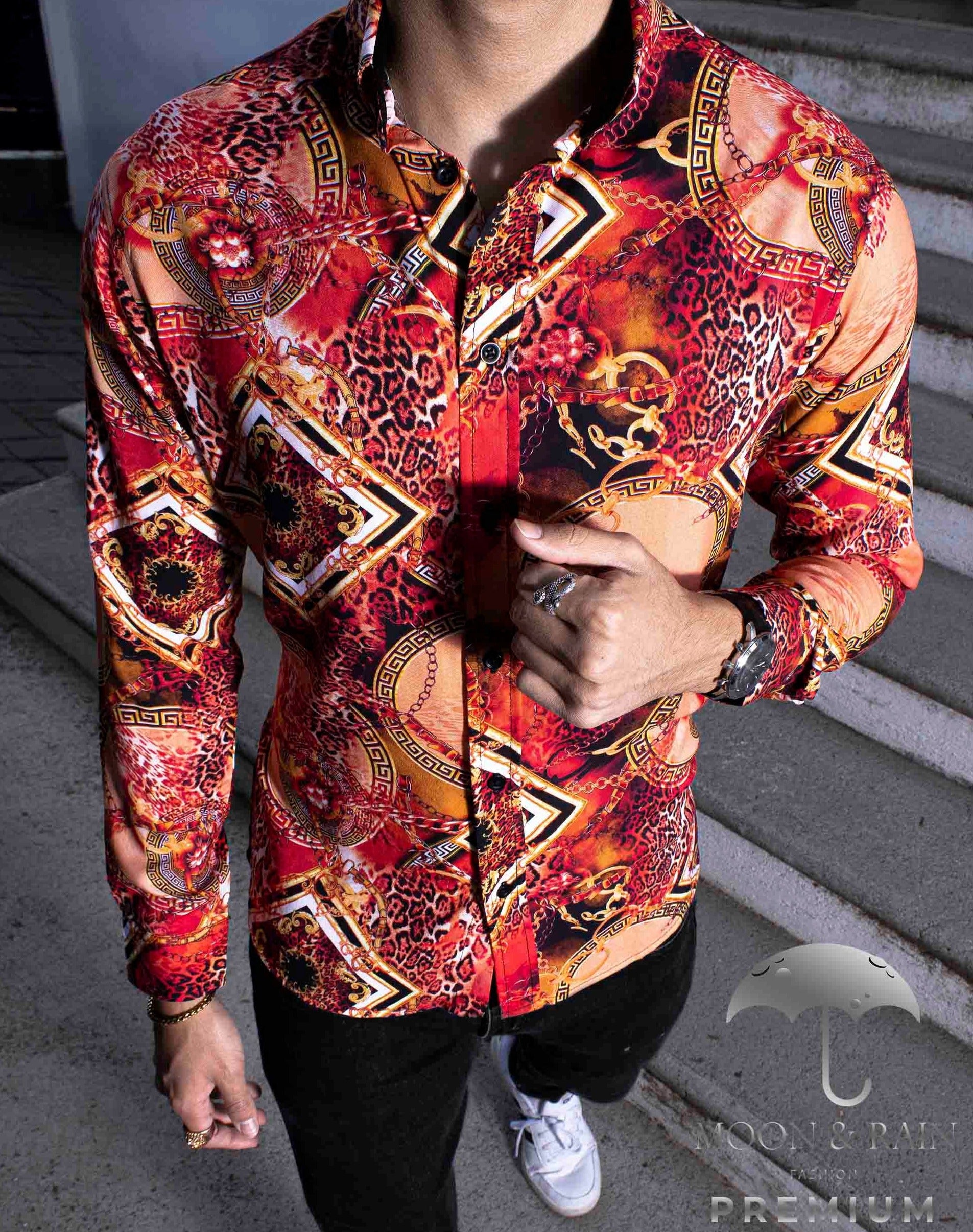 Camisa Hombre Casual Slim Fit Rojo Fuego Animal Print Cadena