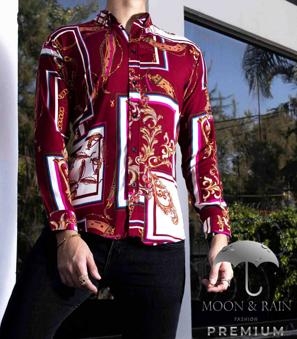 Camisa Hombre Casual Slim Fit Roja Cuadros Color Y Cadenas - 34 (S)-Tiendas Platino