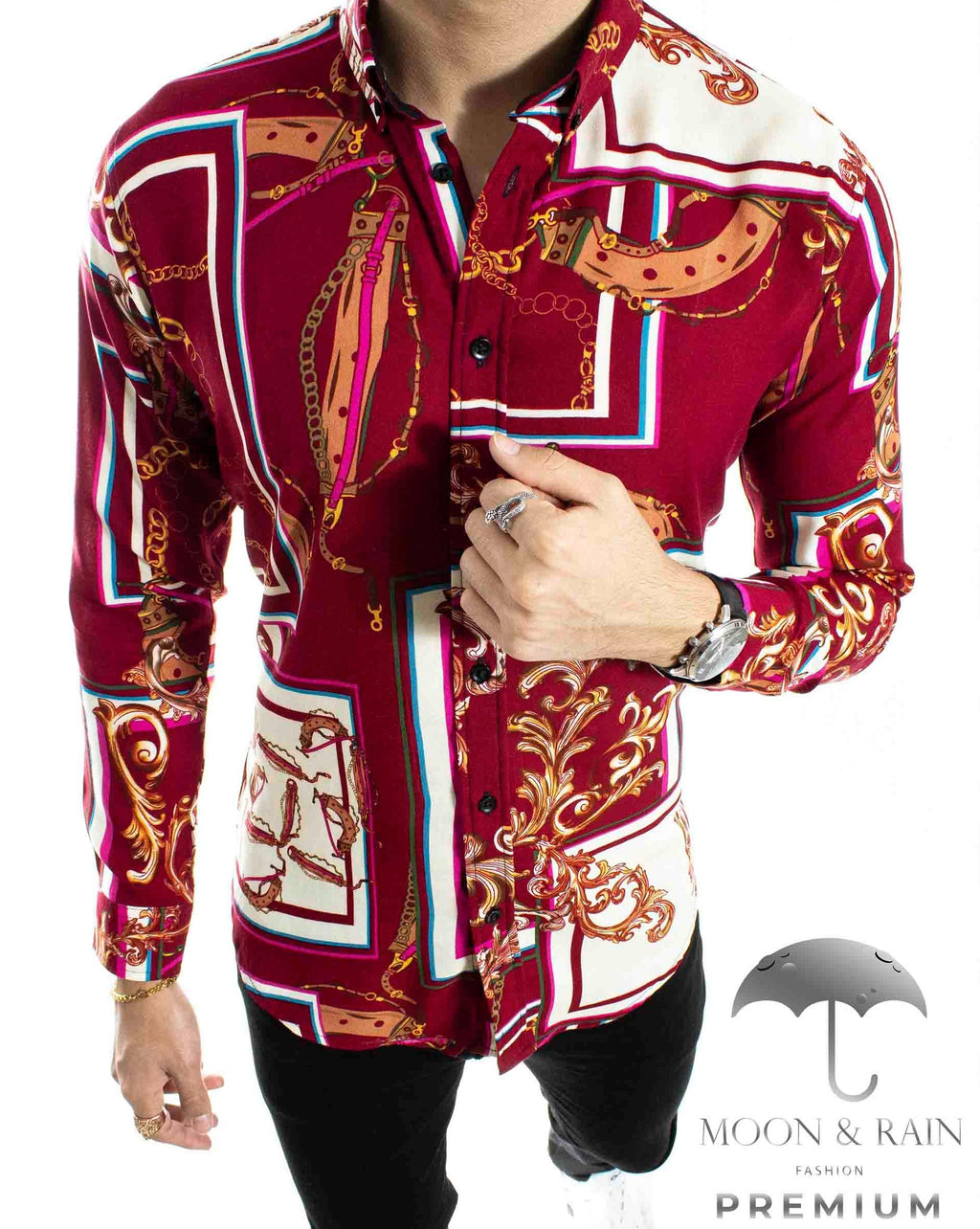 Camisa Hombre Casual Slim Fit Roja Cuadros Color Y Cadenas - 34 (S)-Tiendas Platino