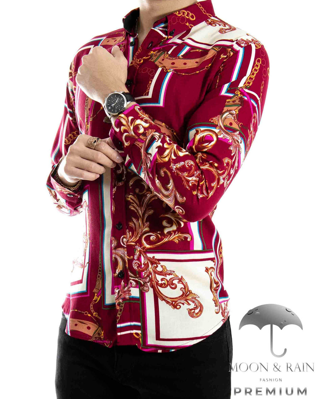 Camisa Hombre Casual Slim Fit Roja Cuadros Color Y Cadenas - 34 (S)-Tiendas Platino