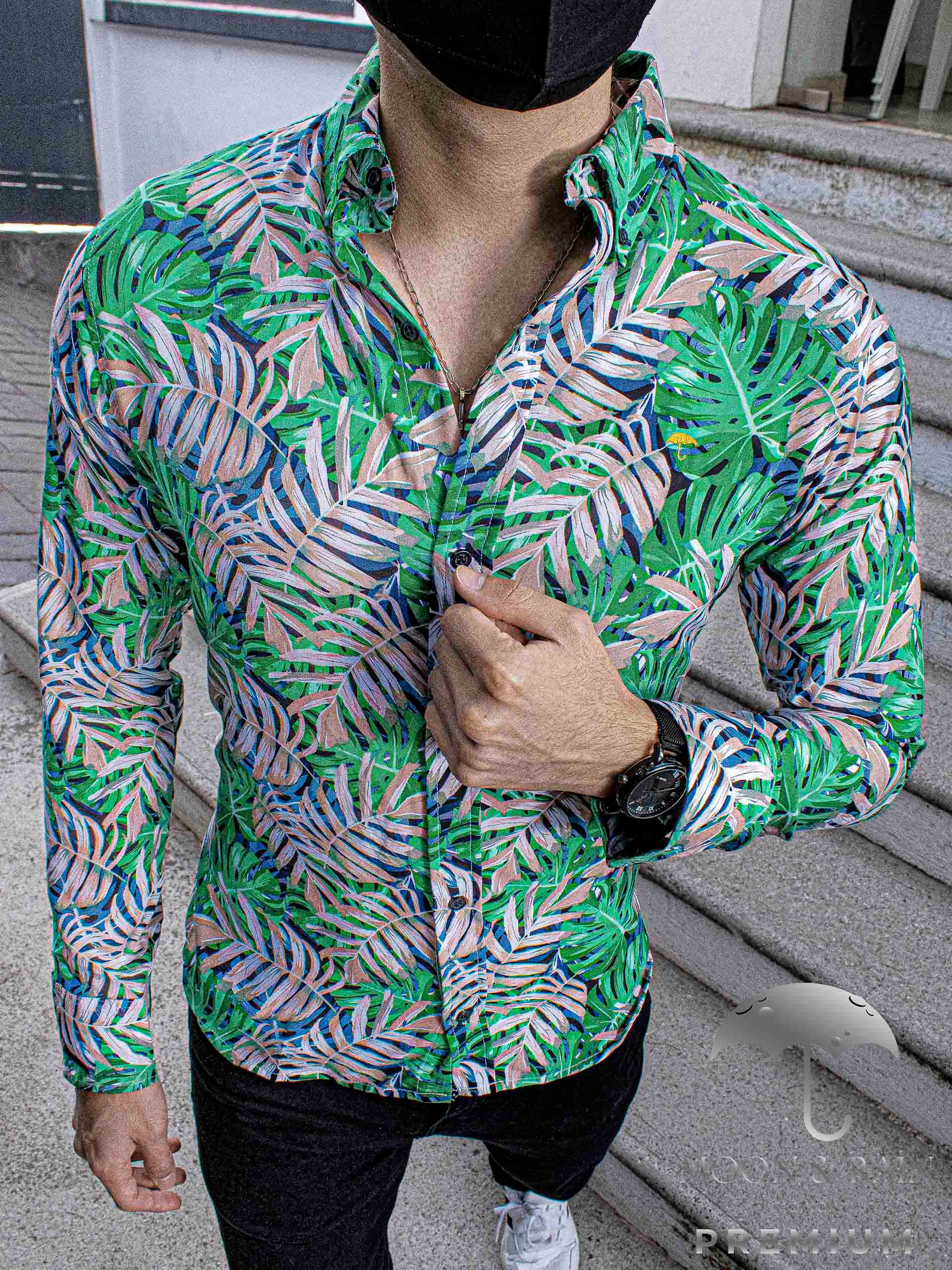 Camisa Hombre Casual Slim Fit Verde Floral - 34 (S)-Tiendas Platino