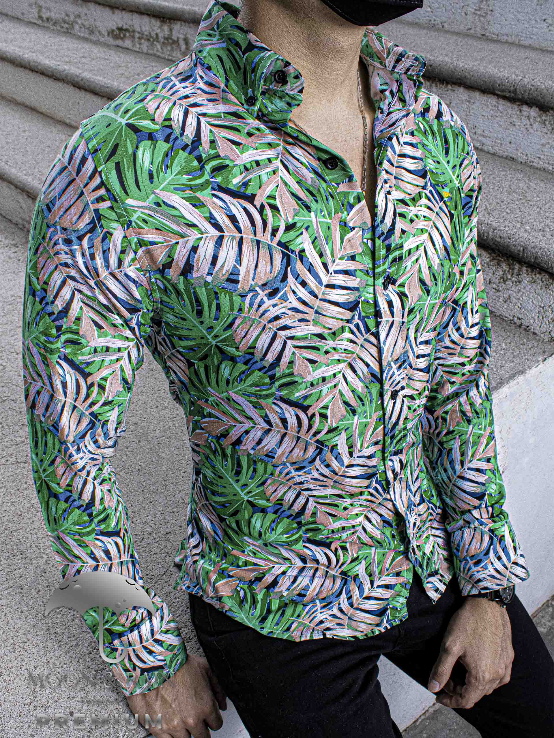 Camisa Hombre Casual Slim Fit Verde Floral - 34 (S)-Tiendas Platino