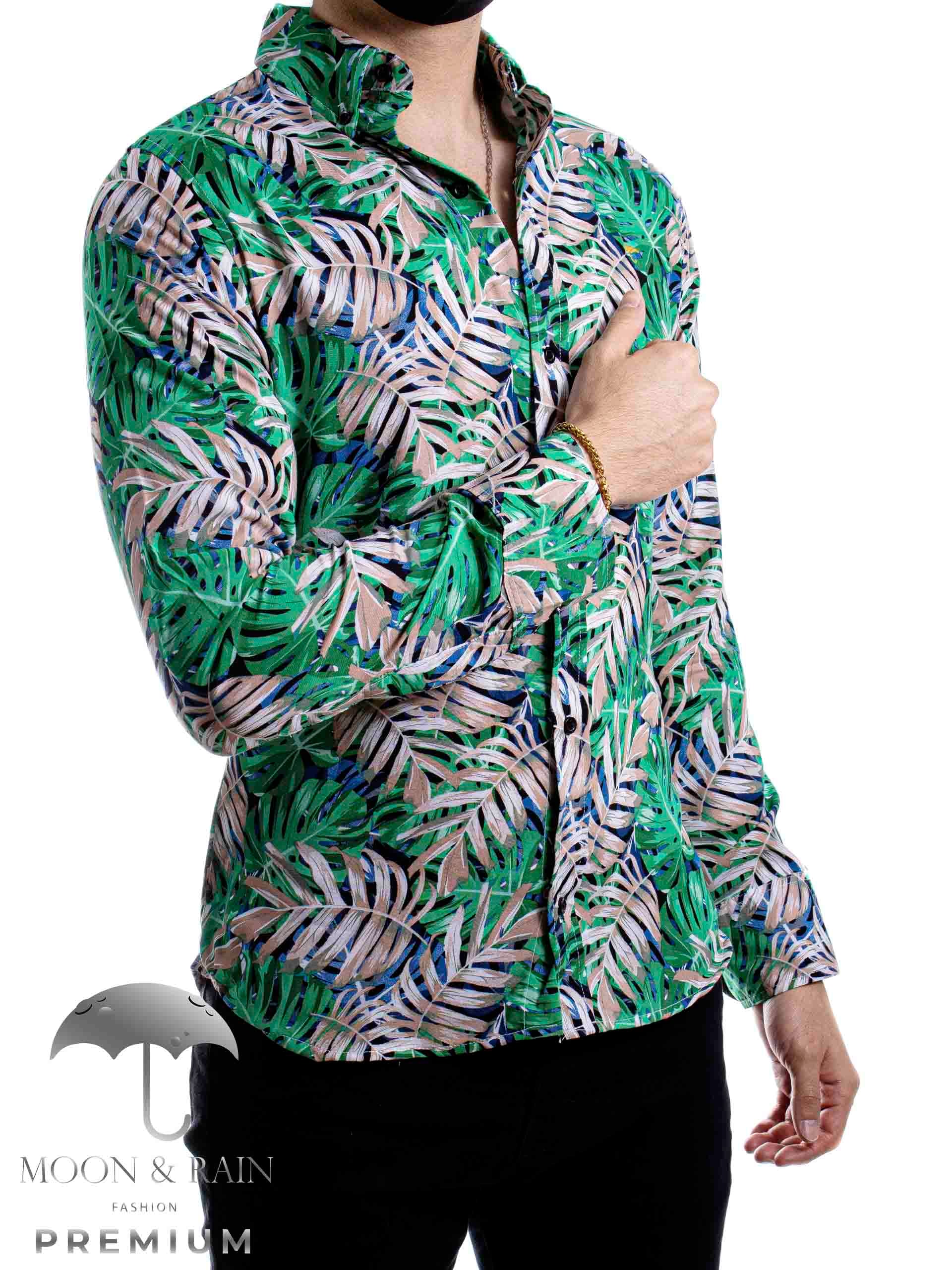 Camisa Hombre Casual Slim Fit Verde Floral - 34 (S)-Tiendas Platino