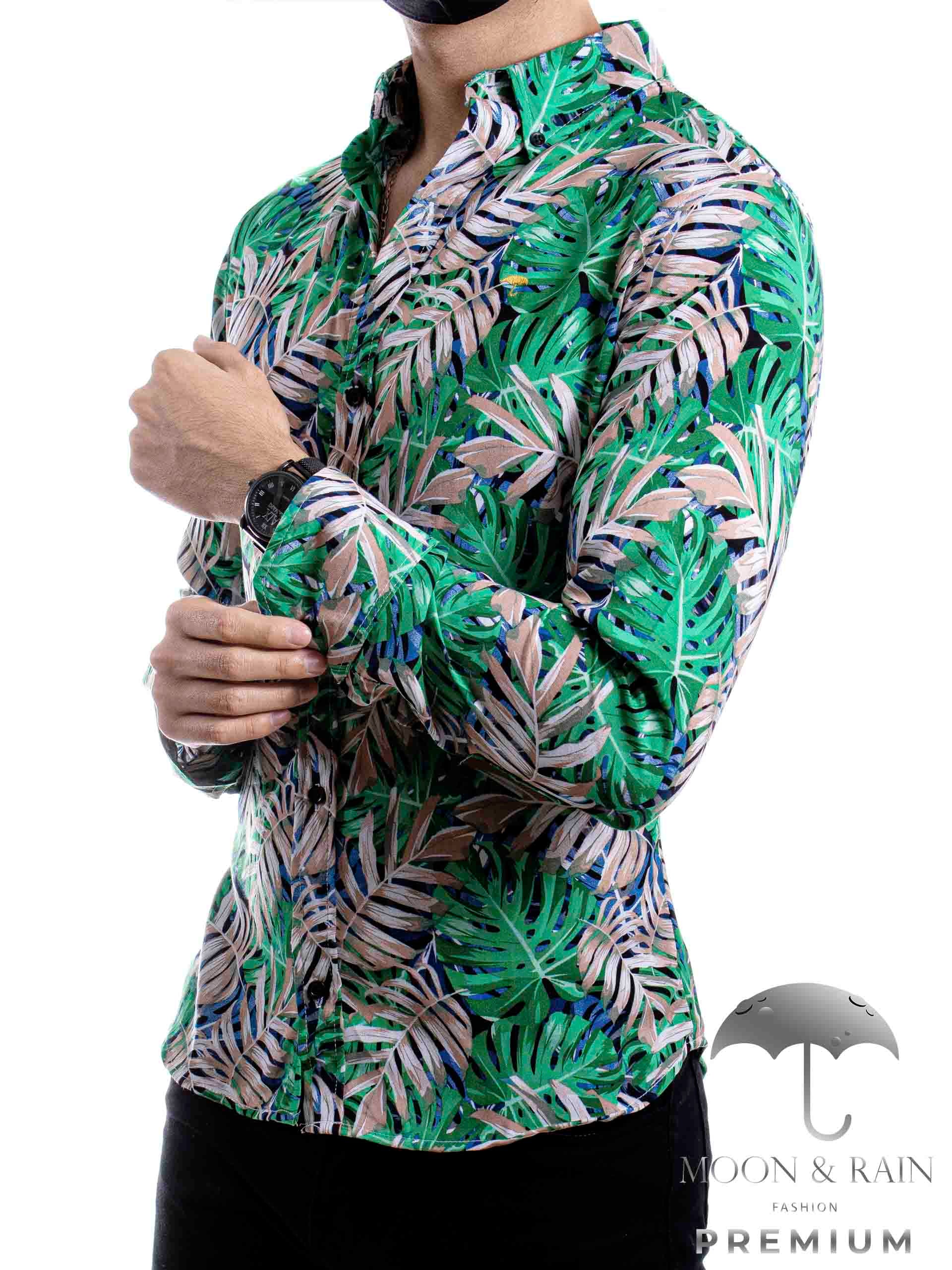 Camisa Hombre Casual Slim Fit Verde Floral - 34 (S)-Tiendas Platino