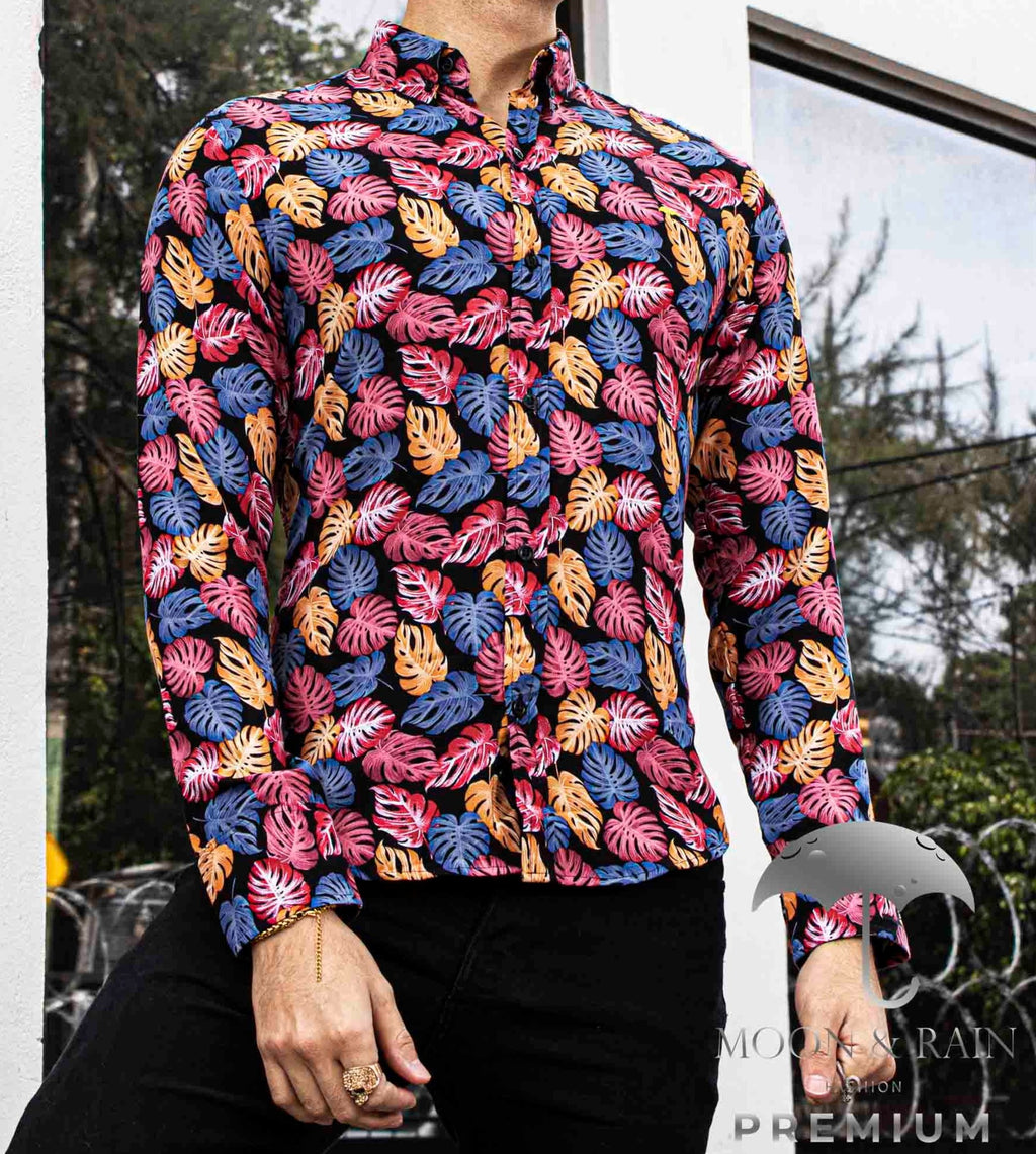 Camisa Hombre Casual Slim Fit Hojas Rosas, Naranjas M Larga - 34 (S)-Tiendas Platino