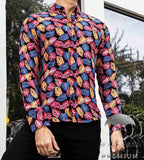 Camisa Hombre Casual Slim Fit Hojas Rosas, Naranjas M Larga - 34 (S)-Tiendas Platino
