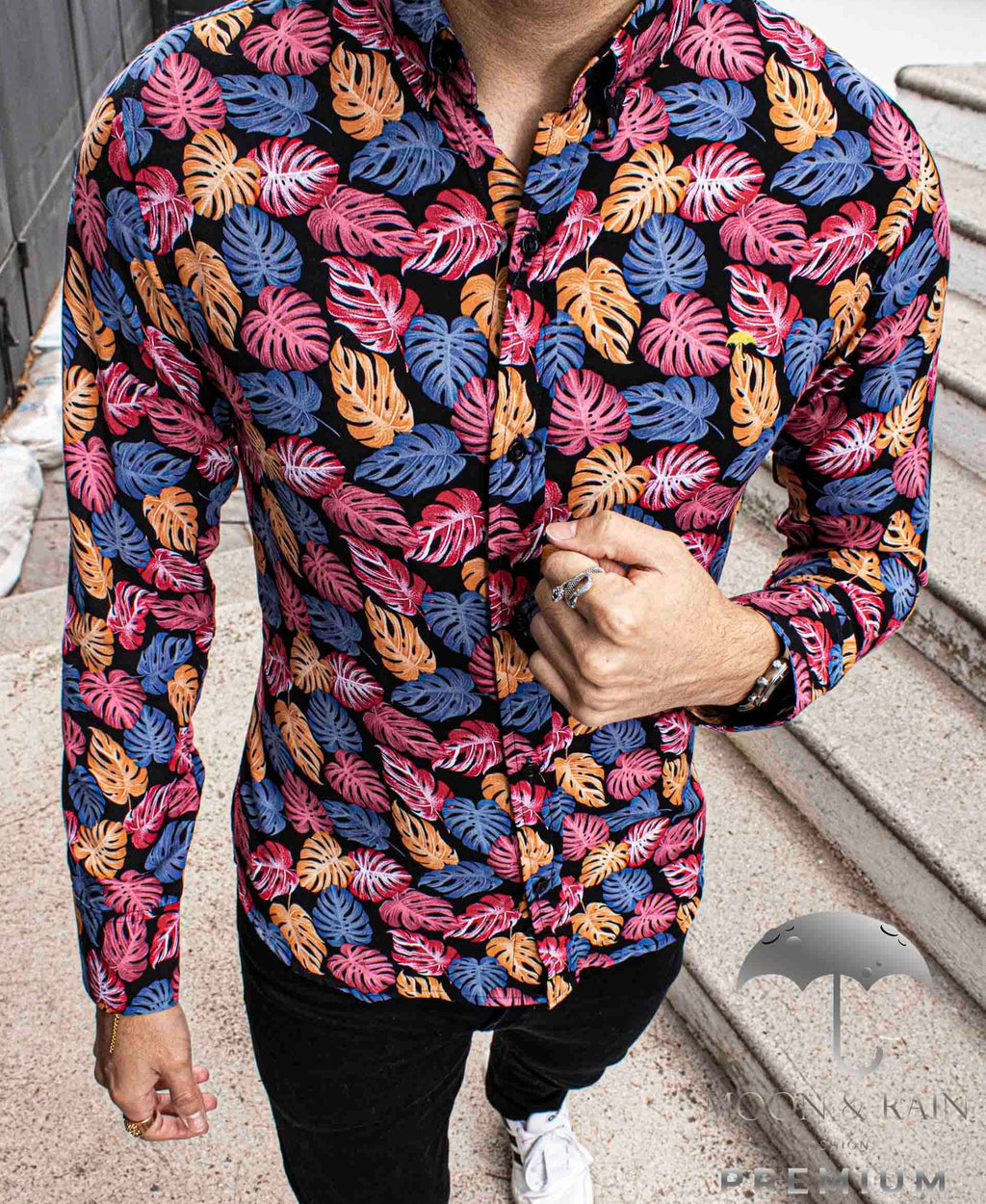 Camisa Hombre Casual Slim Fit Hojas Rosas, Naranjas M Larga - 34 (S)-Tiendas Platino