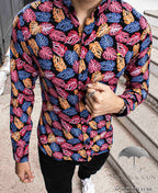 Camisa Hombre Casual Slim Fit Hojas Rosas, Naranjas M Larga - 34 (S)-Tiendas Platino