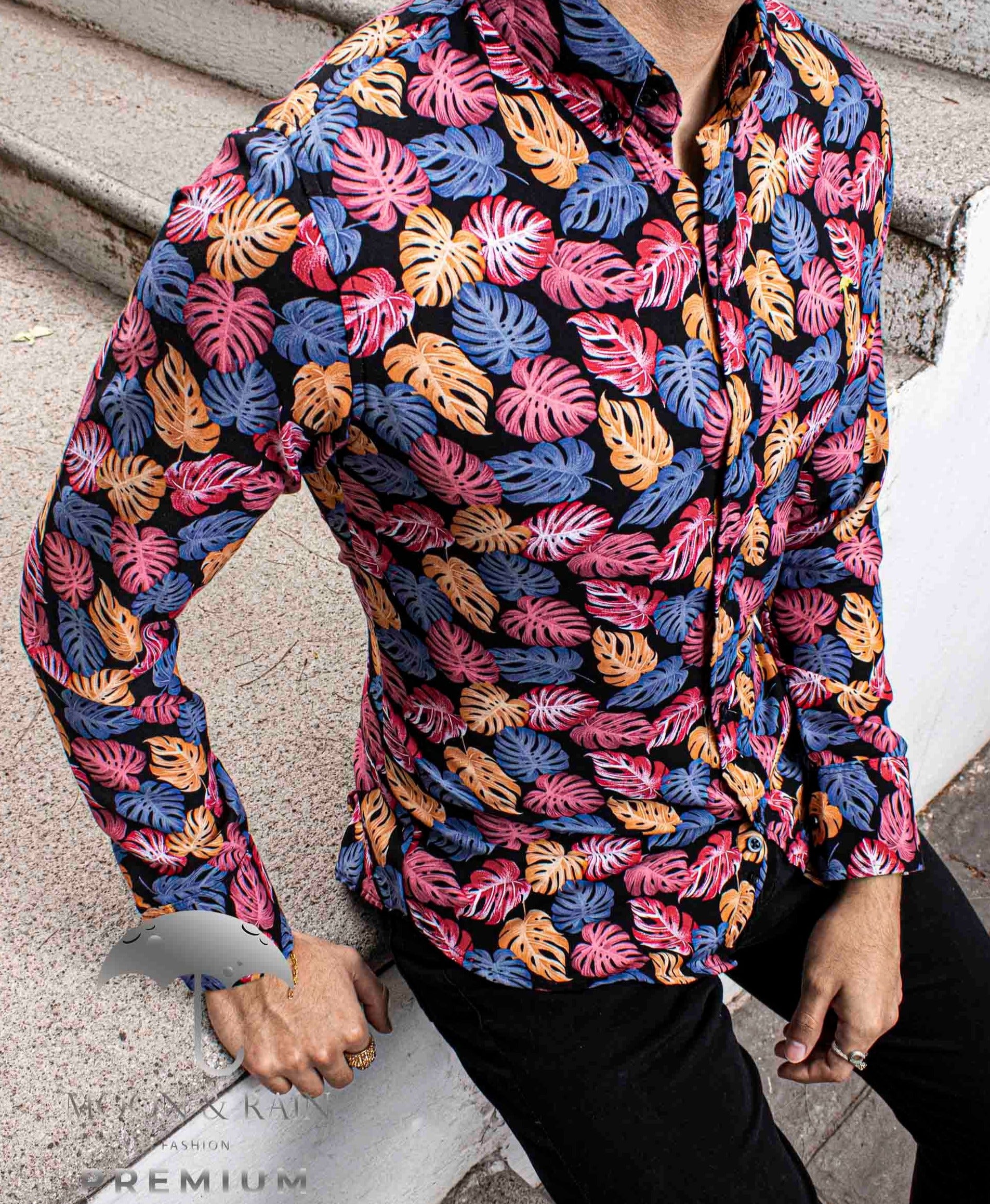 Camisa Hombre Casual Slim Fit Hojas Rosas, Naranjas M Larga - 34 (S)-Tiendas Platino