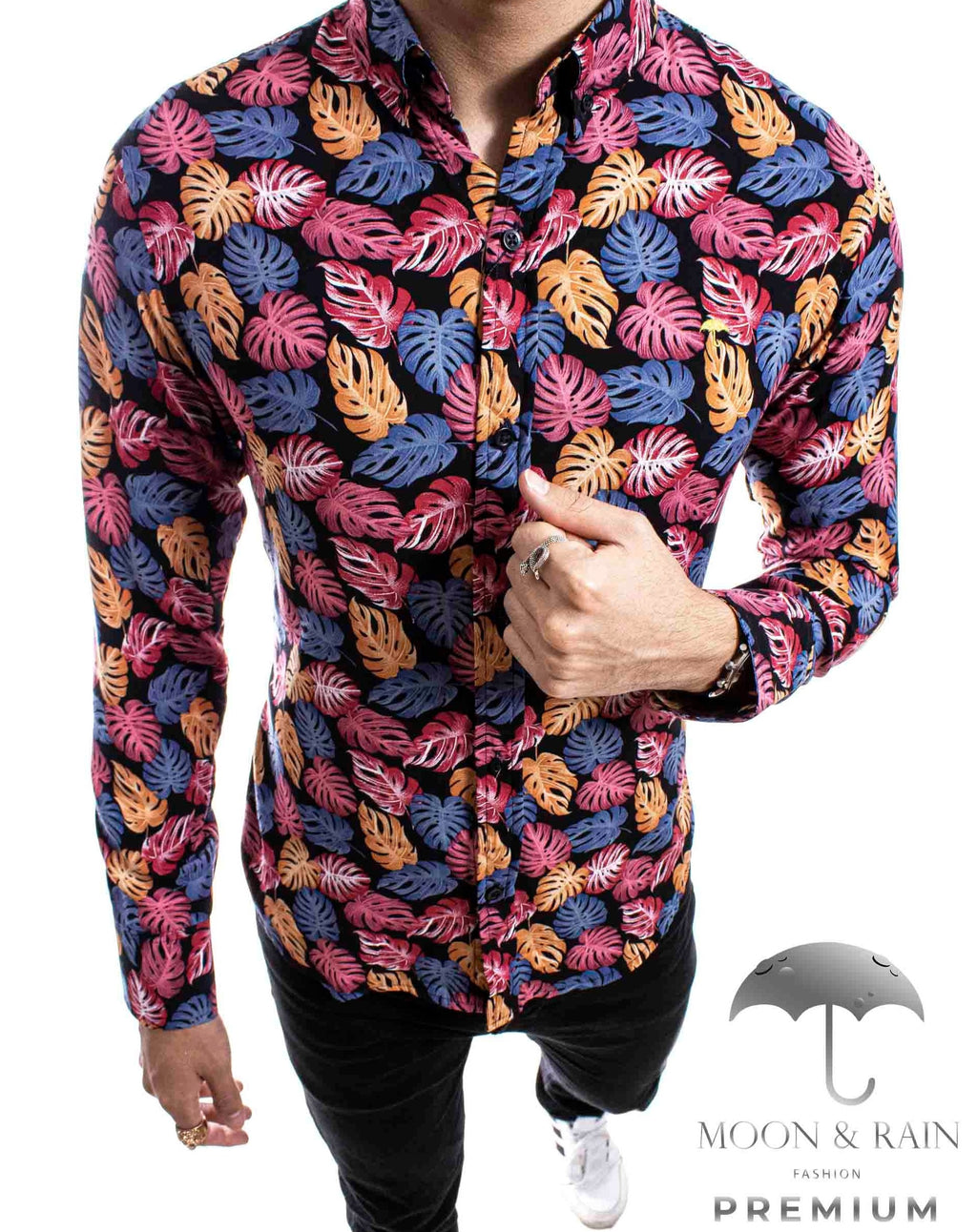 Camisa Hombre Casual Slim Fit Hojas Rosas, Naranjas M Larga - 34 (S)-Tiendas Platino