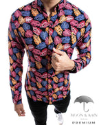 Camisa Hombre Casual Slim Fit Hojas Rosas, Naranjas M Larga - 34 (S)-Tiendas Platino