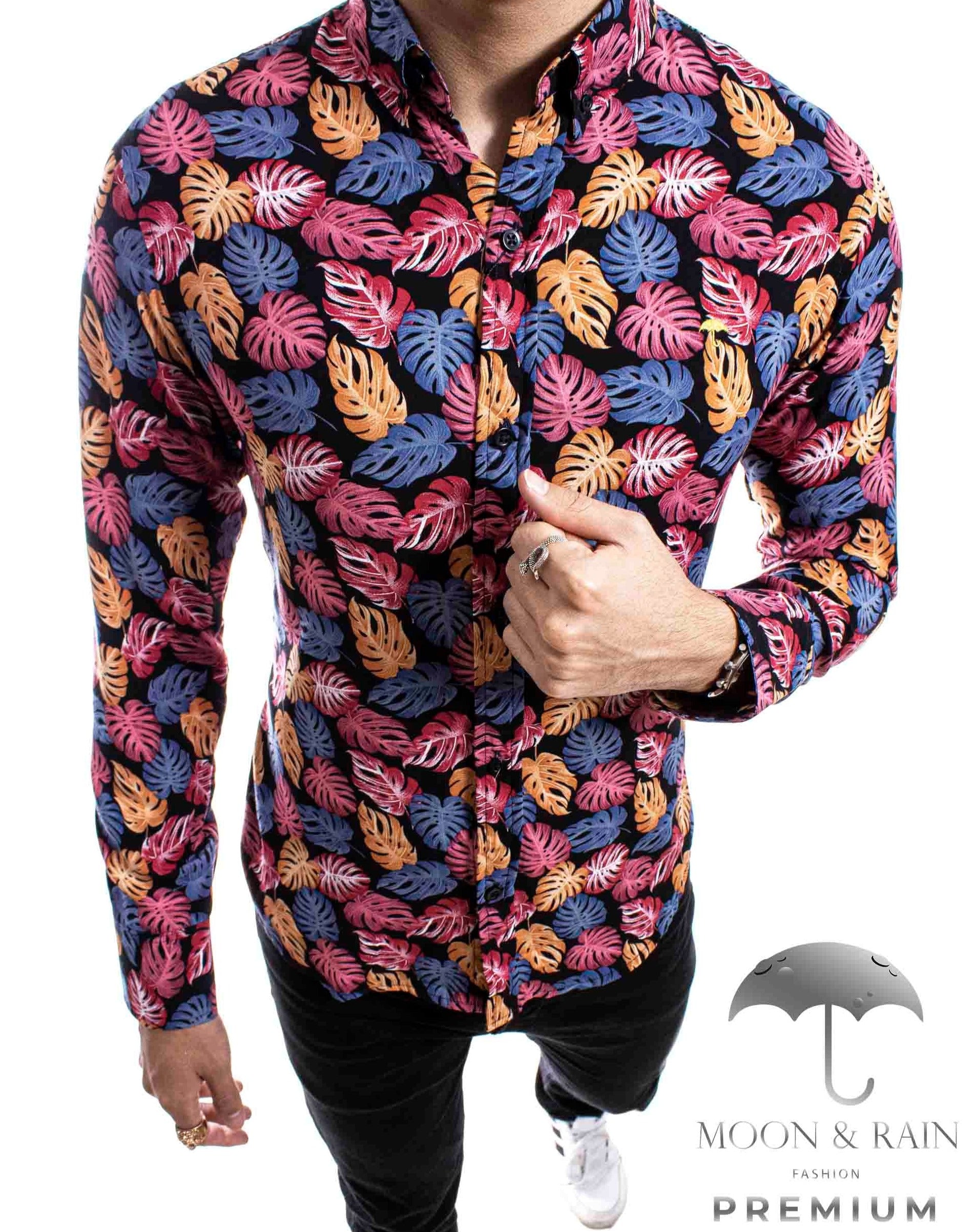 Camisa Hombre Casual Slim Fit Hojas Rosas, Naranjas M Larga - 34 (S)-Tiendas Platino