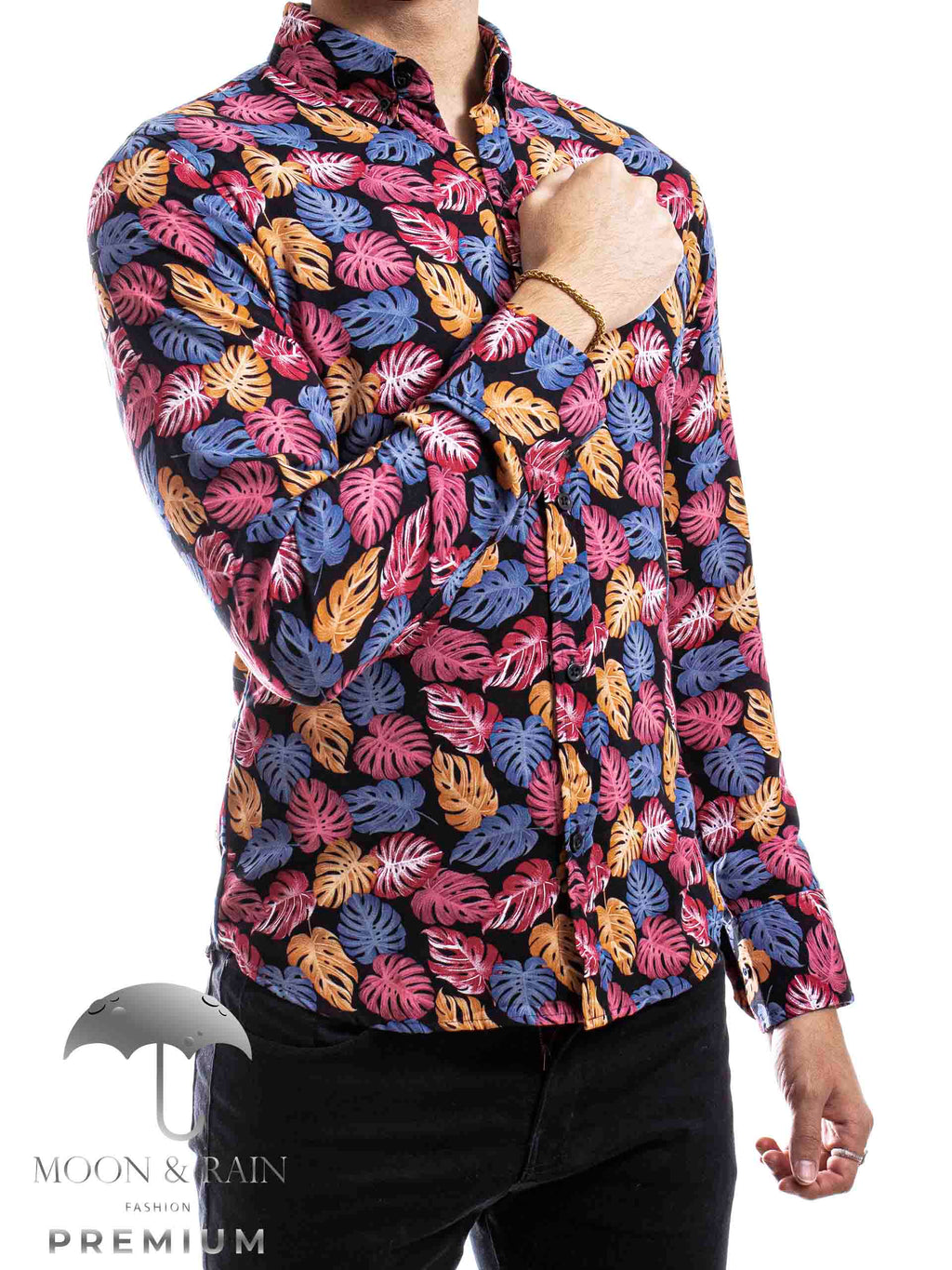 Camisa Hombre Casual Slim Fit Hojas Rosas, Naranjas M Larga - 34 (S)-Tiendas Platino