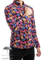 Camisa Hombre Casual Slim Fit Hojas Rosas, Naranjas M Larga - 34 (S)-Tiendas Platino
