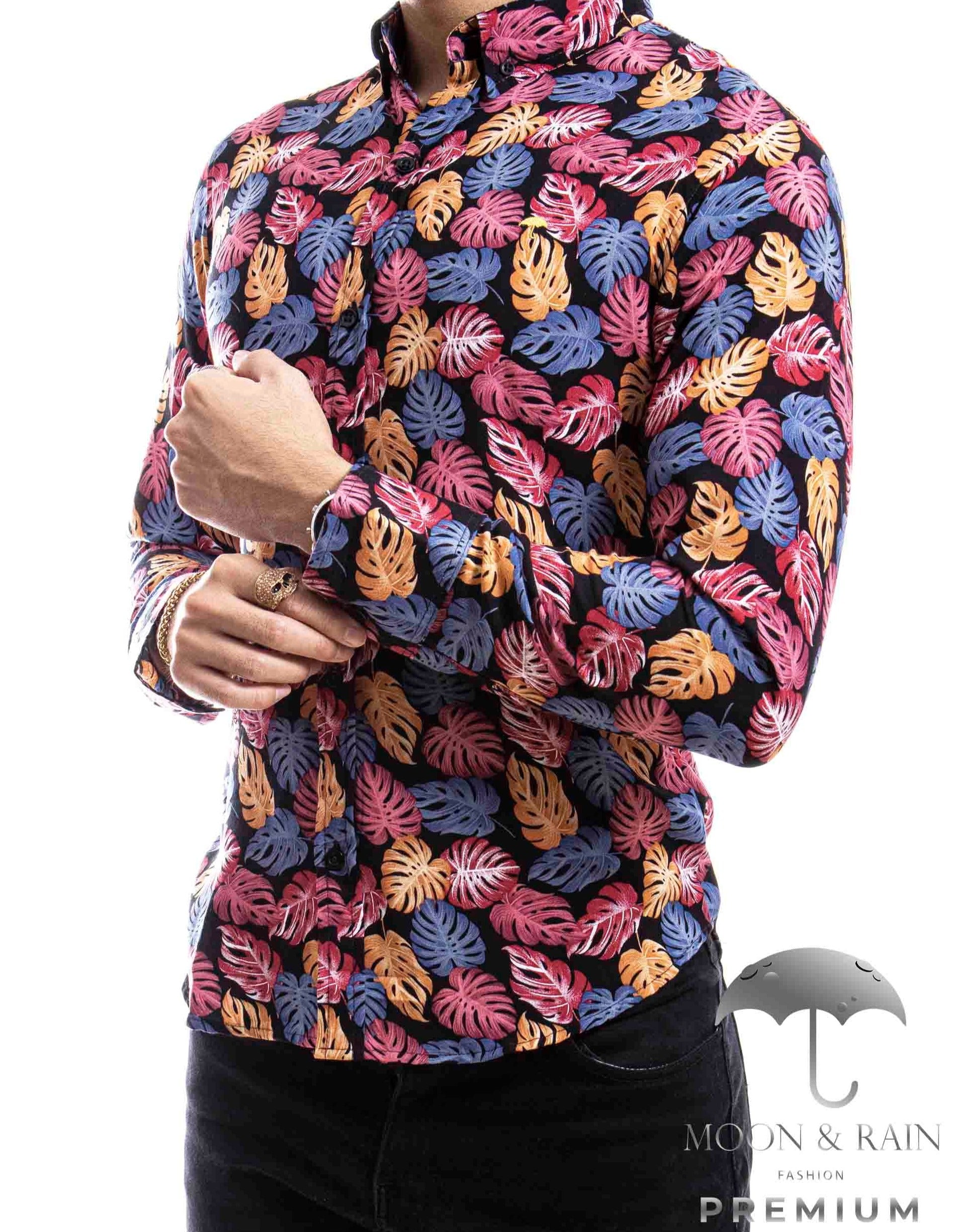 Camisa Hombre Casual Slim Fit Hojas Rosas, Naranjas M Larga - 34 (S)-Tiendas Platino