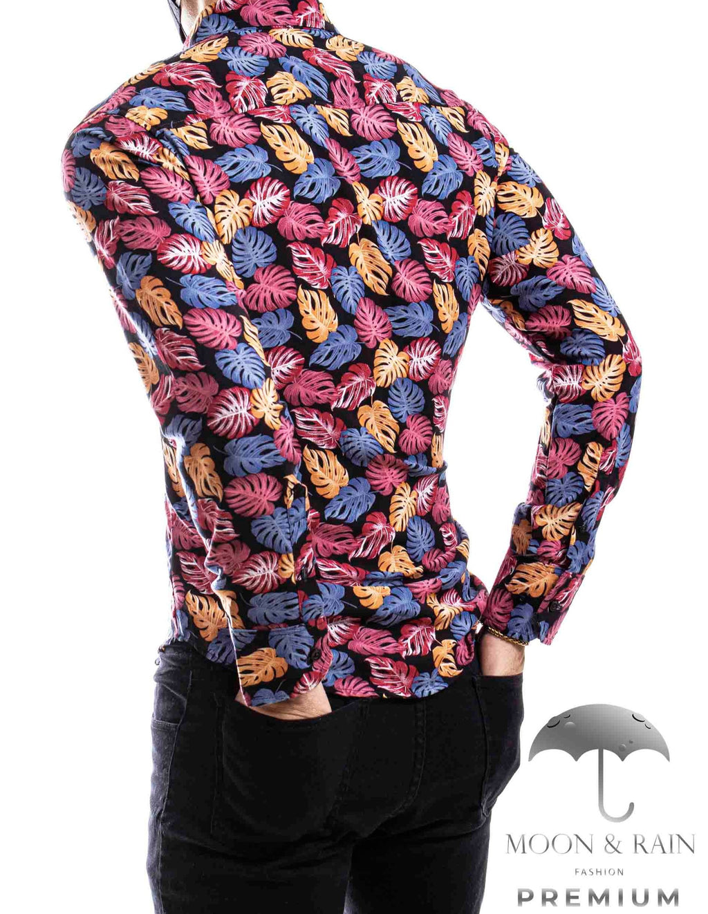 Camisa Hombre Casual Slim Fit Hojas Rosas, Naranjas M Larga - 34 (S)-Tiendas Platino