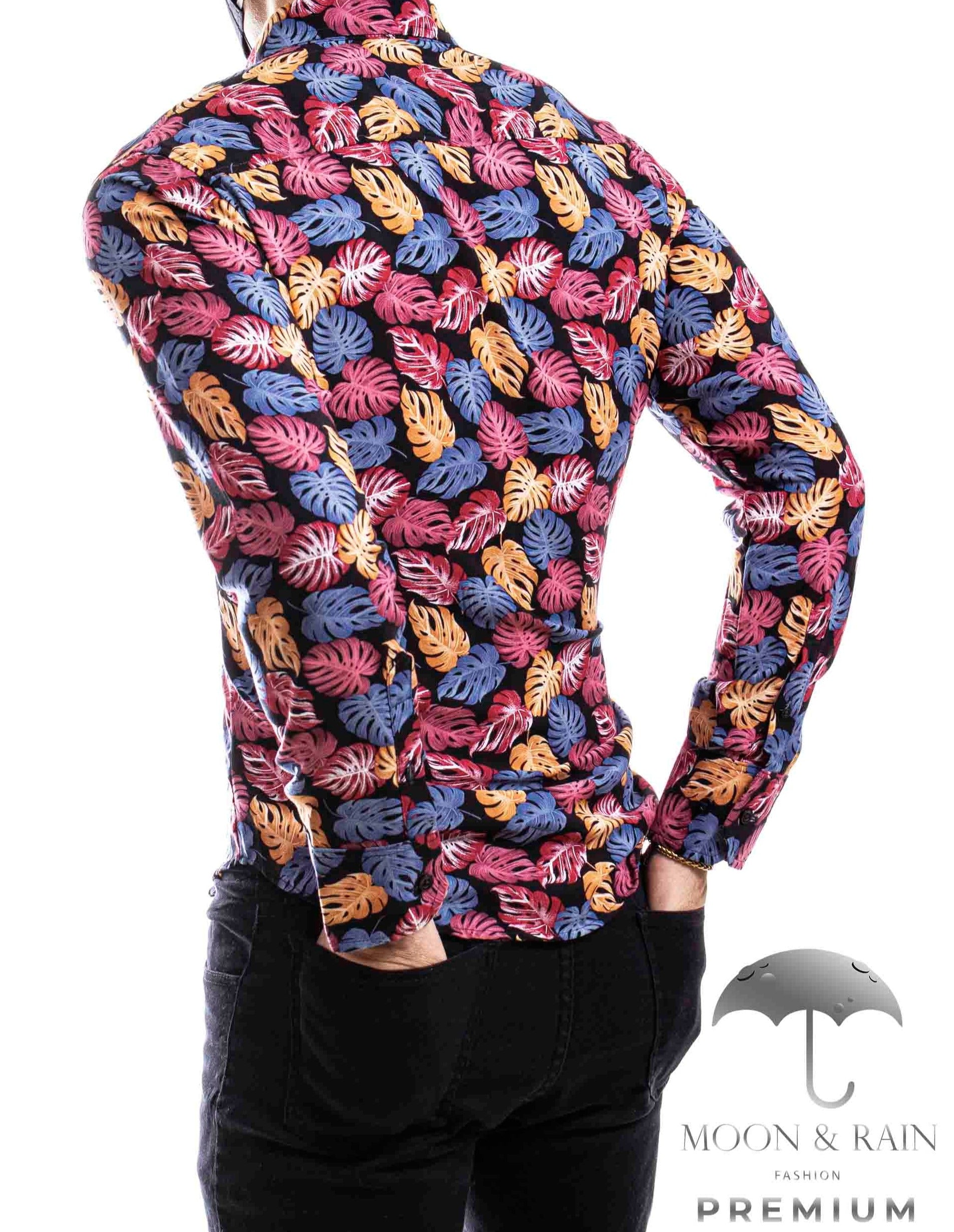 Camisa Hombre Casual Slim Fit Hojas Rosas, Naranjas M Larga - 34 (S)-Tiendas Platino