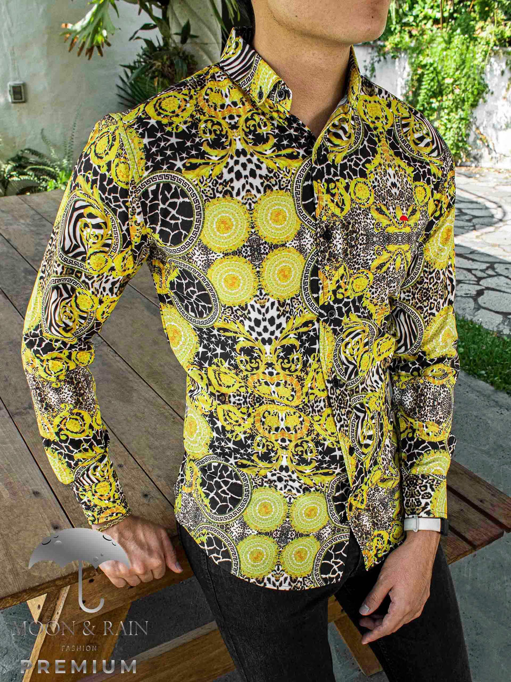 Camisa Hombre Slim Fit Figuras Amarillas, Negras - 34 (S)-Tiendas Platino