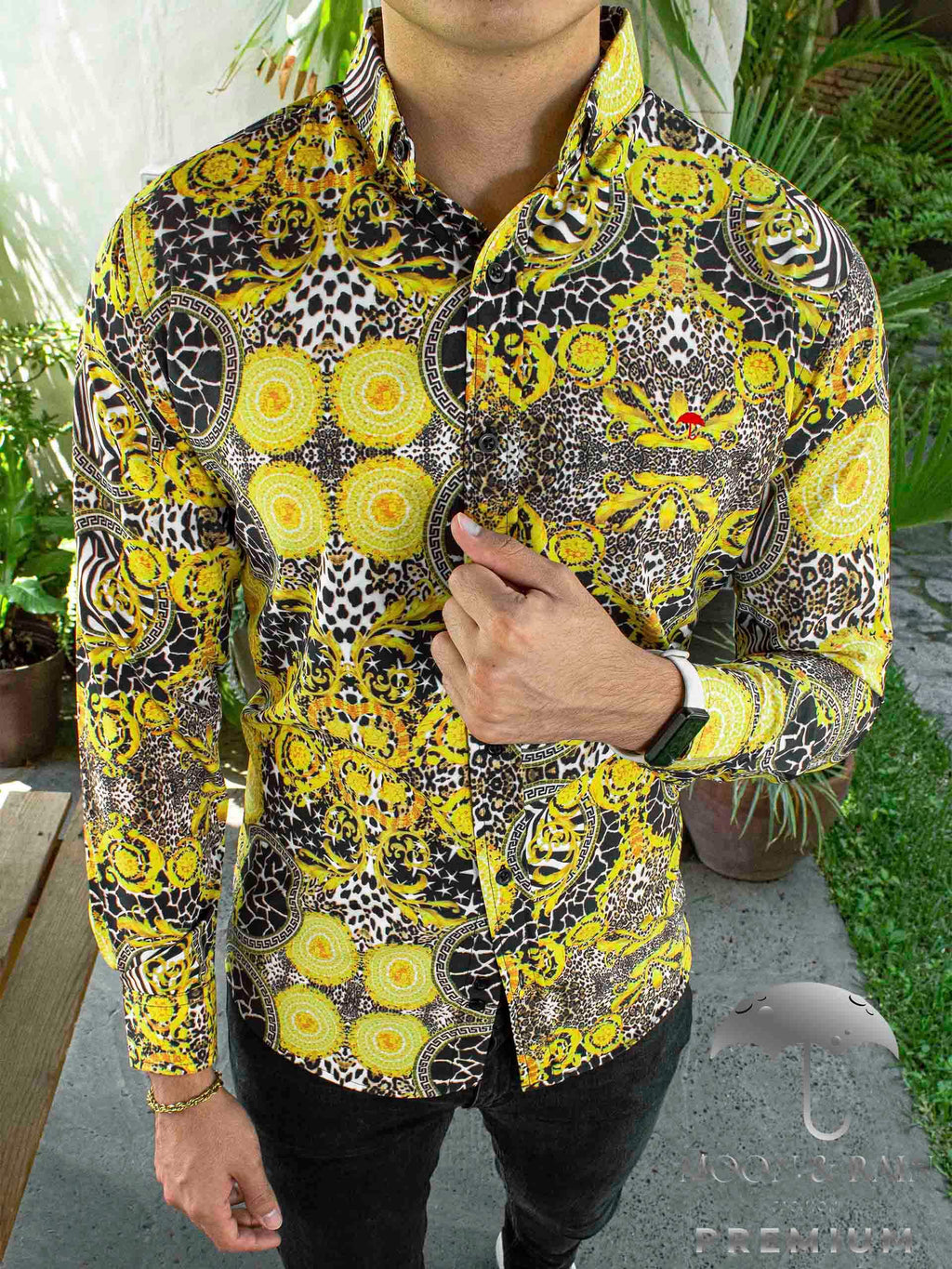 Camisa Hombre Slim Fit Figuras Amarillas, Negras - 34 (S)-Tiendas Platino