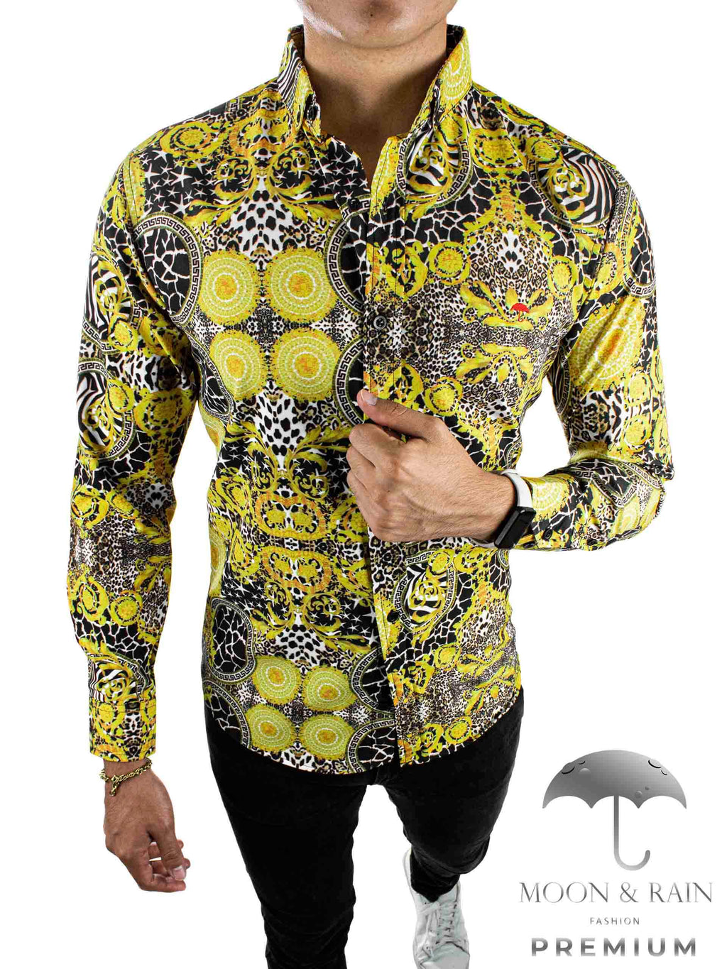 Camisa Hombre Slim Fit Figuras Amarillas, Negras - 34 (S)-Tiendas Platino