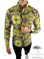 Camisa Hombre Slim Fit Figuras Amarillas, Negras - 34 (S)-Tiendas Platino