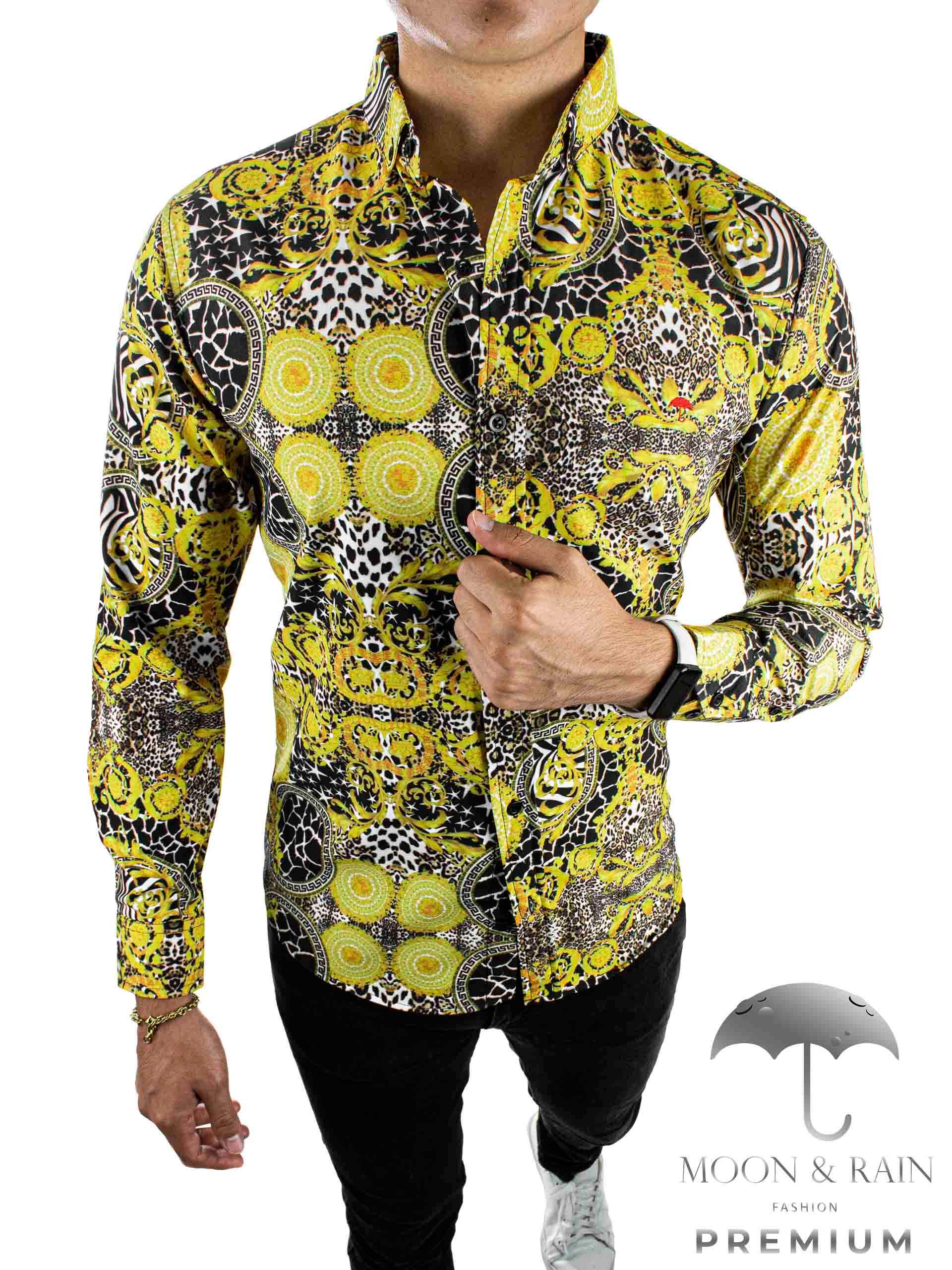 Camisa Hombre Slim Fit Figuras Amarillas, Negras - 34 (S)-Tiendas Platino