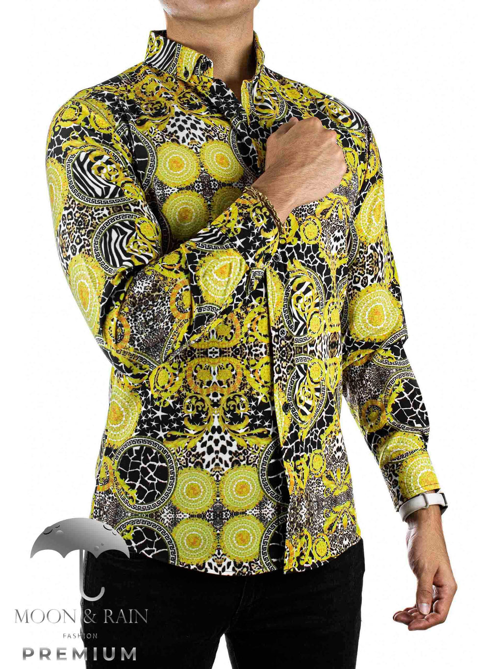 Camisa Hombre Slim Fit Figuras Amarillas, Negras - 34 (S)-Tiendas Platino