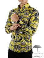 Camisa Hombre Slim Fit Figuras Amarillas, Negras - 34 (S)-Tiendas Platino