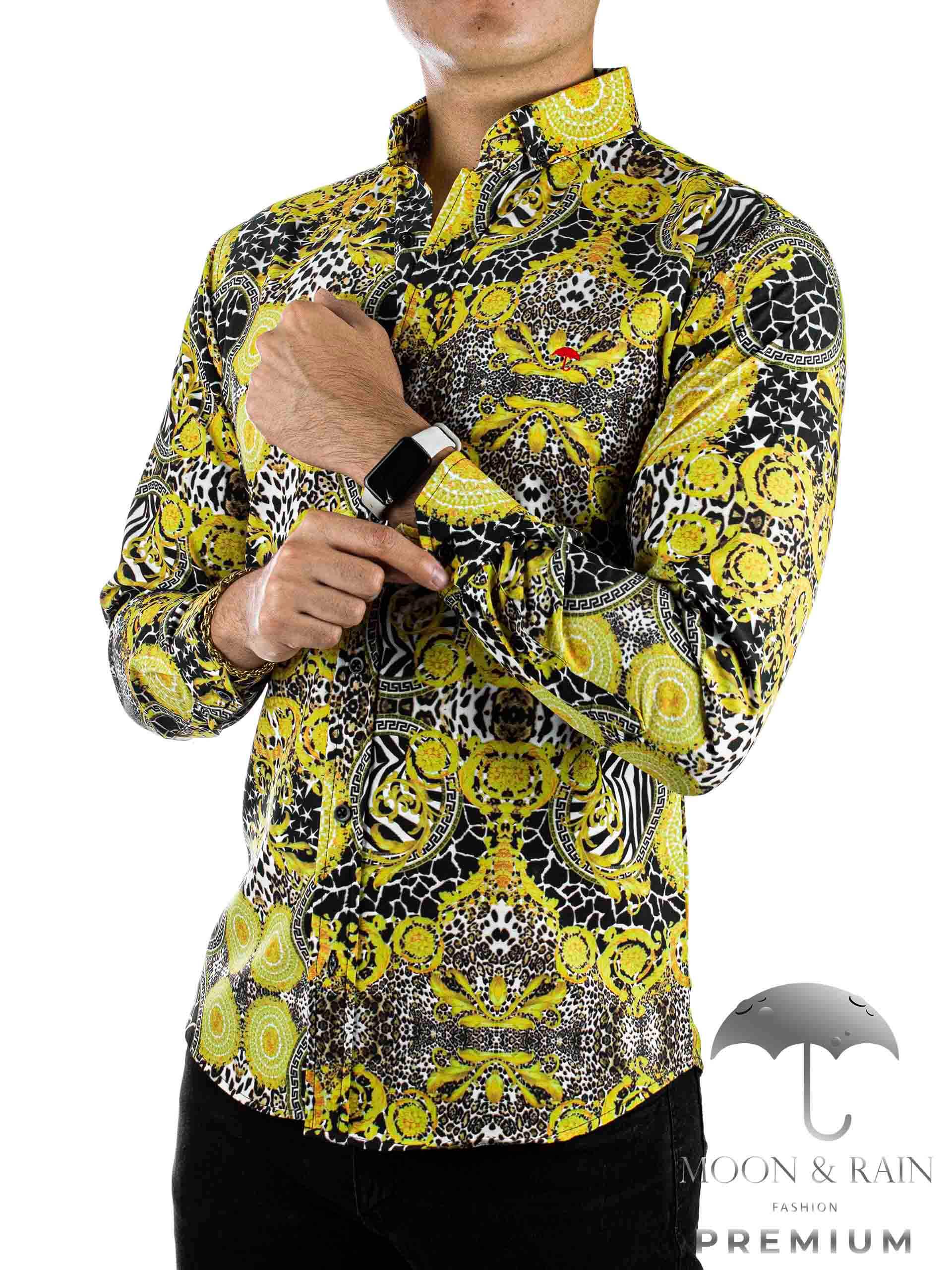 Camisa Hombre Slim Fit Figuras Amarillas, Negras - 34 (S)-Tiendas Platino