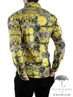 Camisa Hombre Slim Fit Figuras Amarillas, Negras - 34 (S)-Tiendas Platino