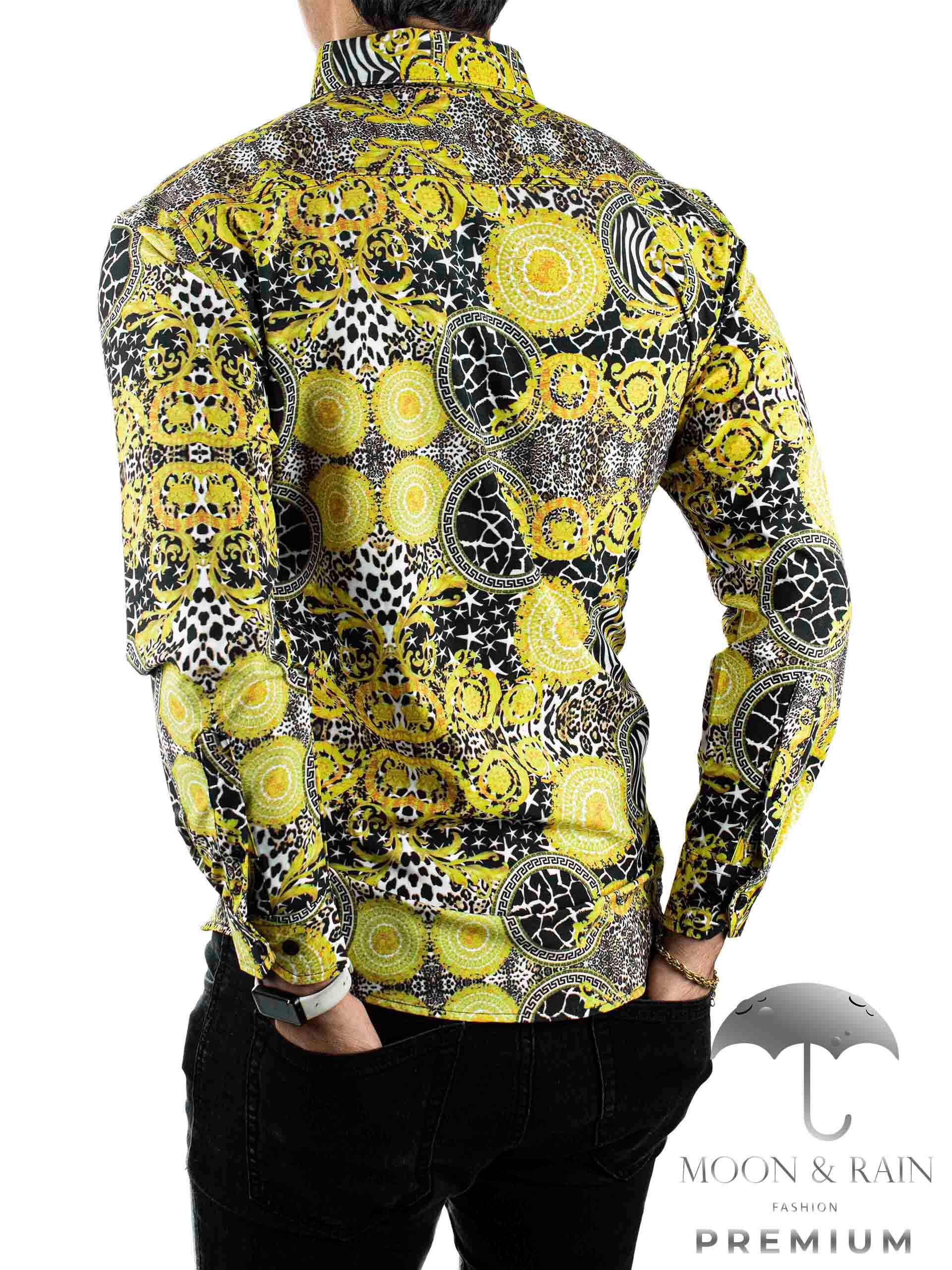 Camisa Hombre Slim Fit Figuras Amarillas, Negras - 34 (S)-Tiendas Platino