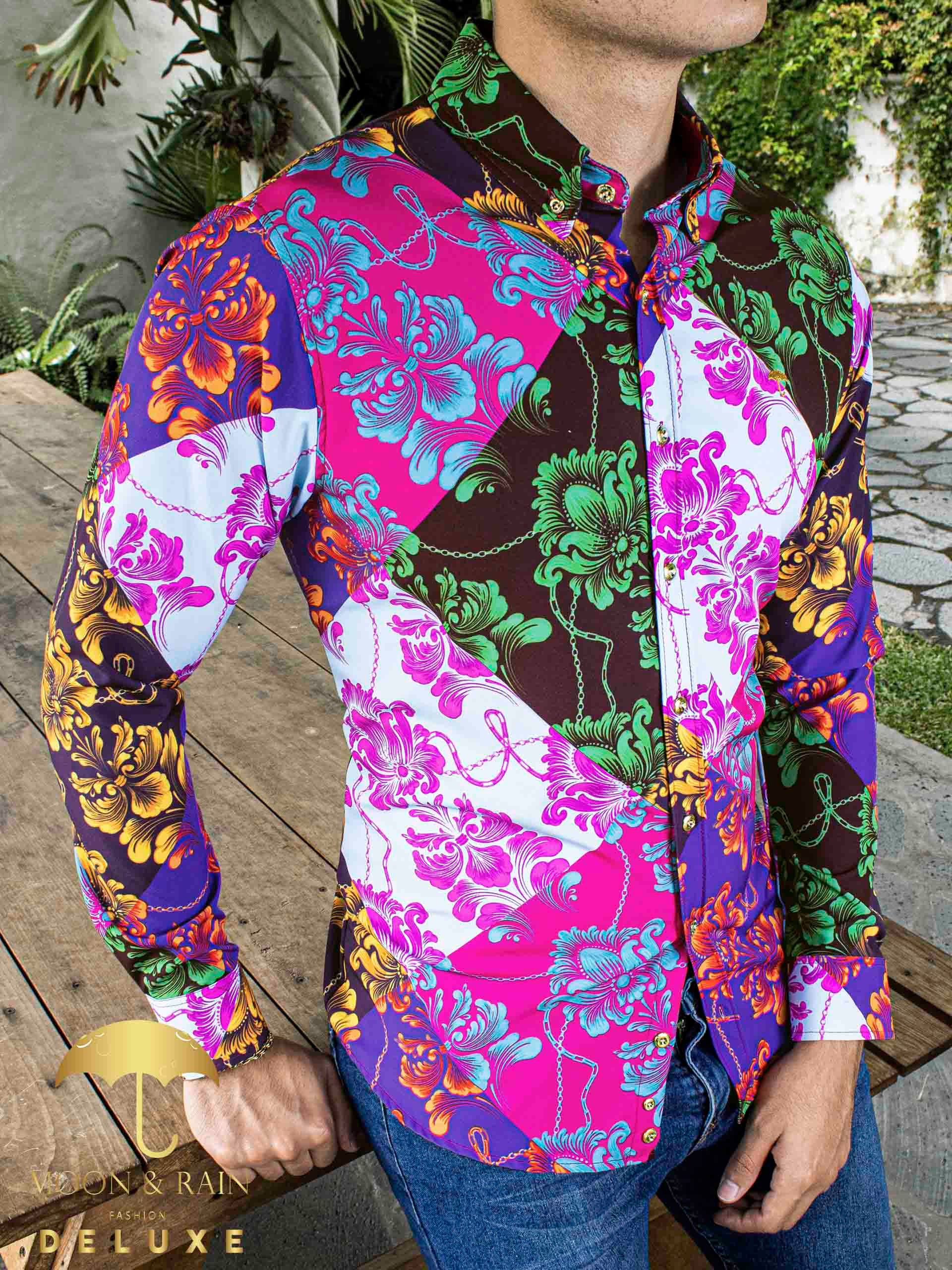 Camisa Hombre Casual Slim Fit Ornamento Multicolor - 34 (S)-Tiendas Platino