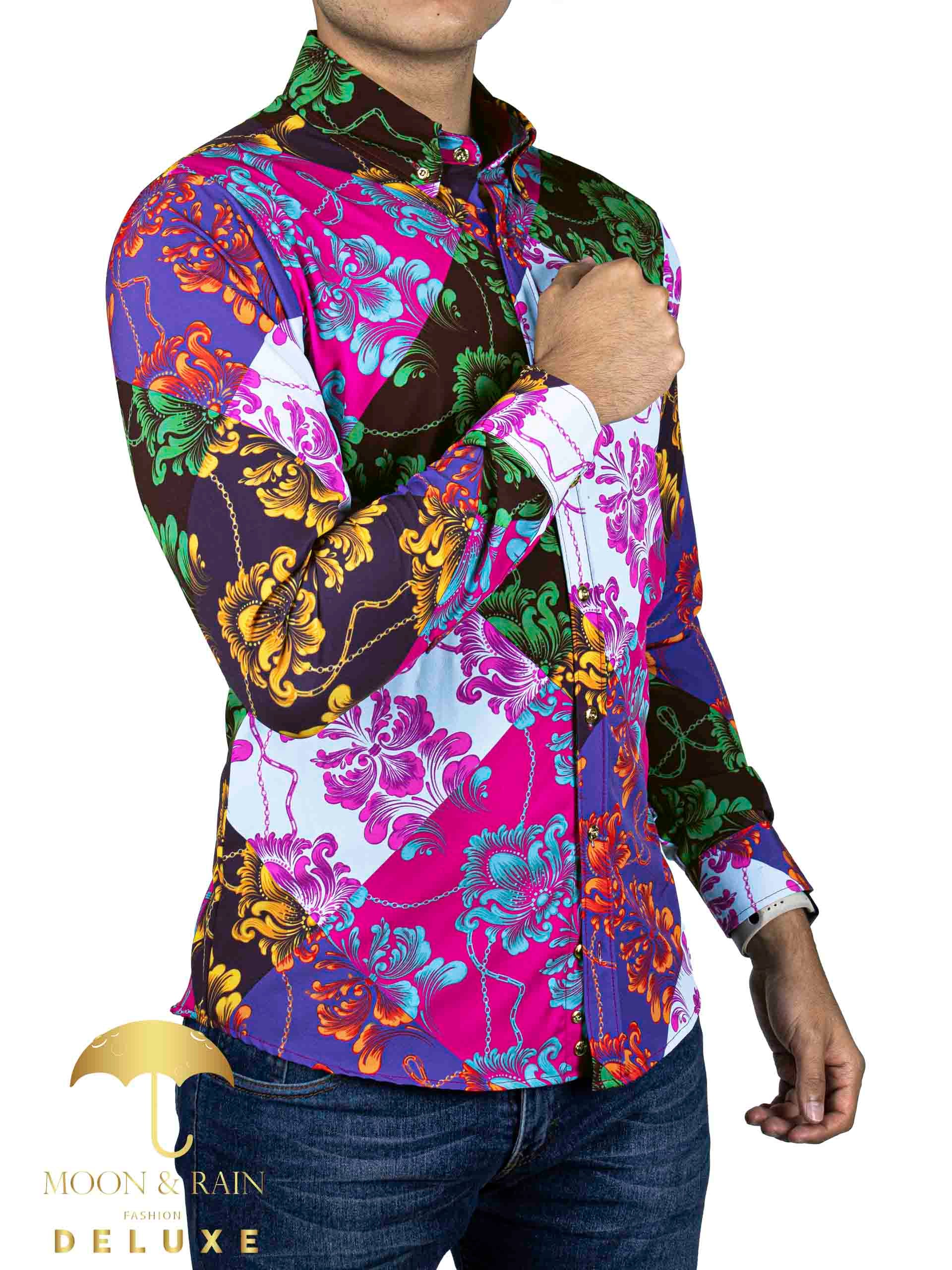 Camisa Hombre Casual Slim Fit Ornamento Multicolor - 34 (S)-Tiendas Platino