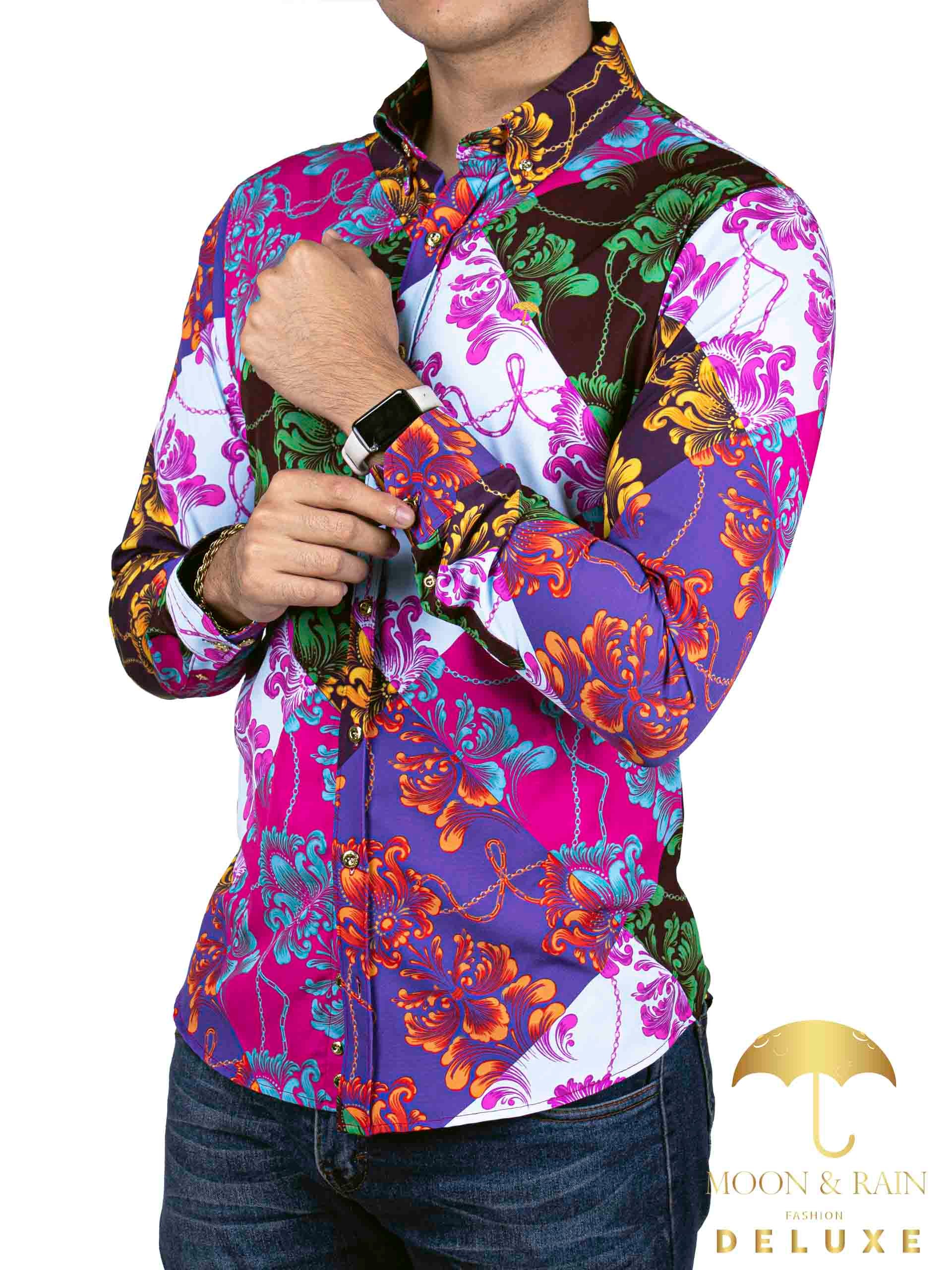 Camisa Hombre Casual Slim Fit Ornamento Multicolor - 34 (S)-Tiendas Platino