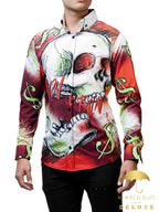 Camisa Hombre Casual Slim Fit Cráneo Rojo Y Verde, Money - 34 (S)-Tiendas Platino