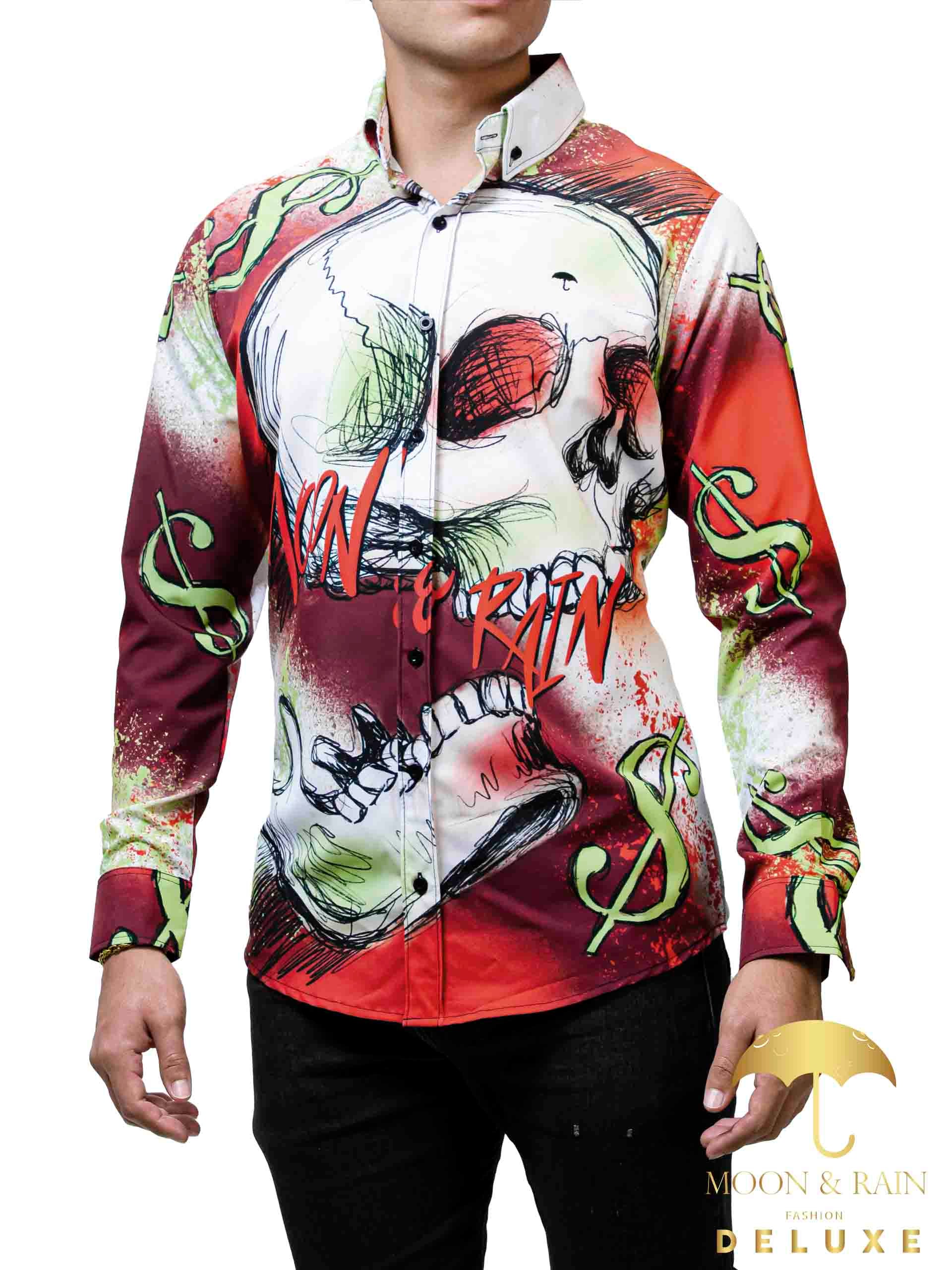 Camisa Hombre Casual Slim Fit Cráneo Rojo Y Verde, Money - 34 (S)-Tiendas Platino