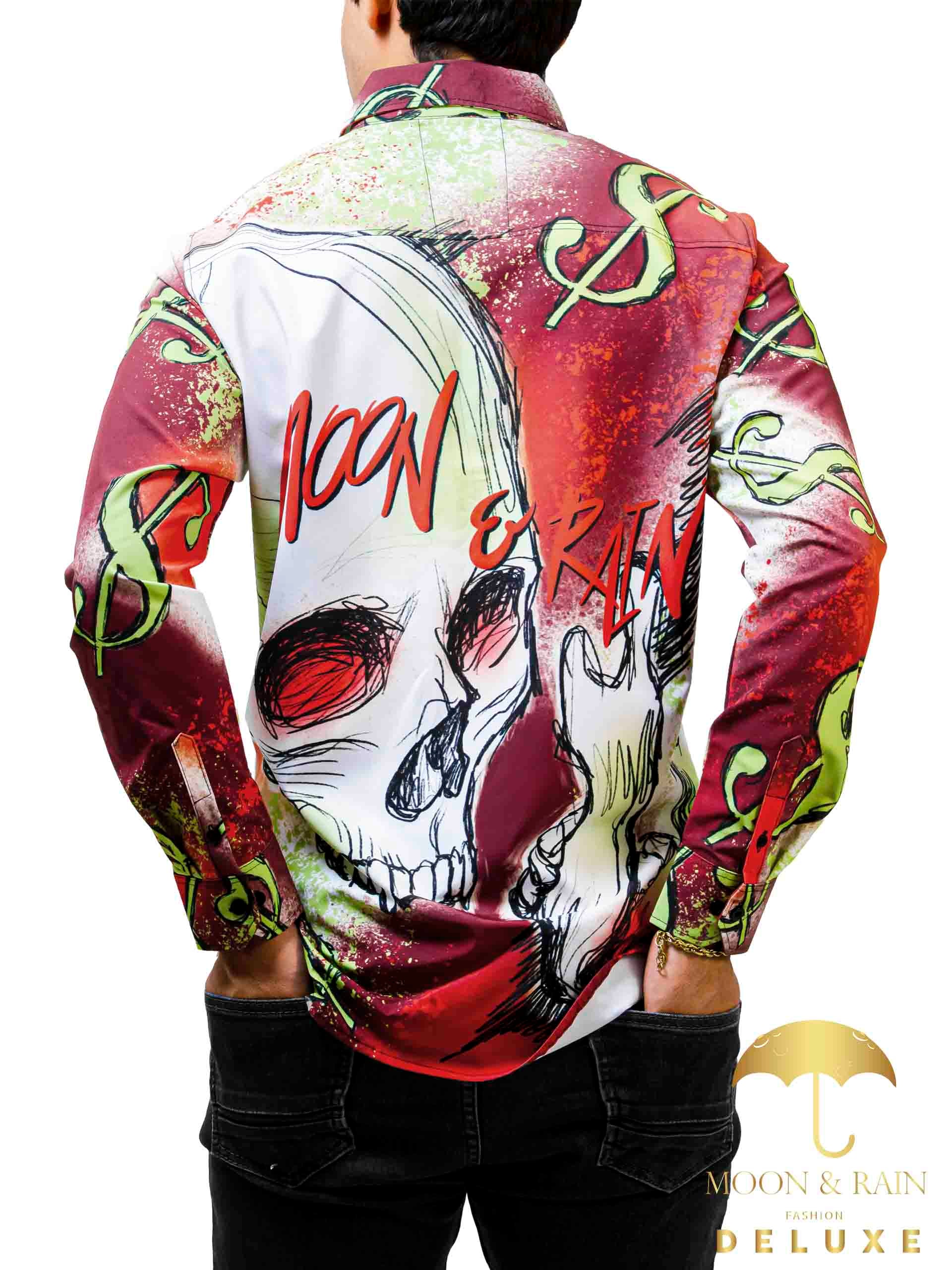 Camisa Hombre Casual Slim Fit Cráneo Rojo Y Verde, Money - 34 (S)-Tiendas Platino