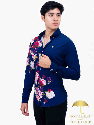 Camisa Hombre Casual Slim Fit Azul Marino Flores Rosas