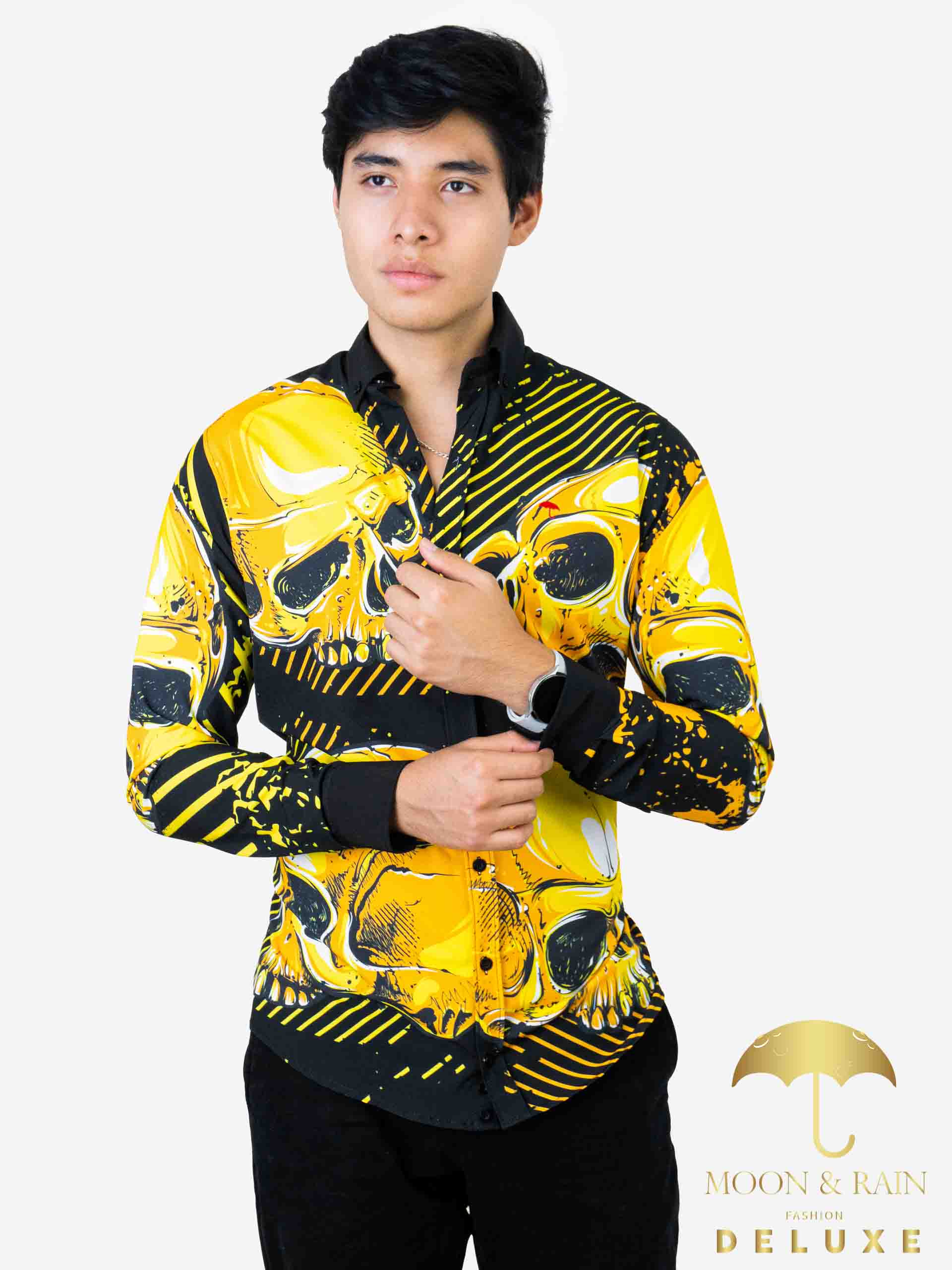 Camisa Hombre Casual Slim Fit Negro Cráneo Oro - 34 (S)-Tiendas Platino