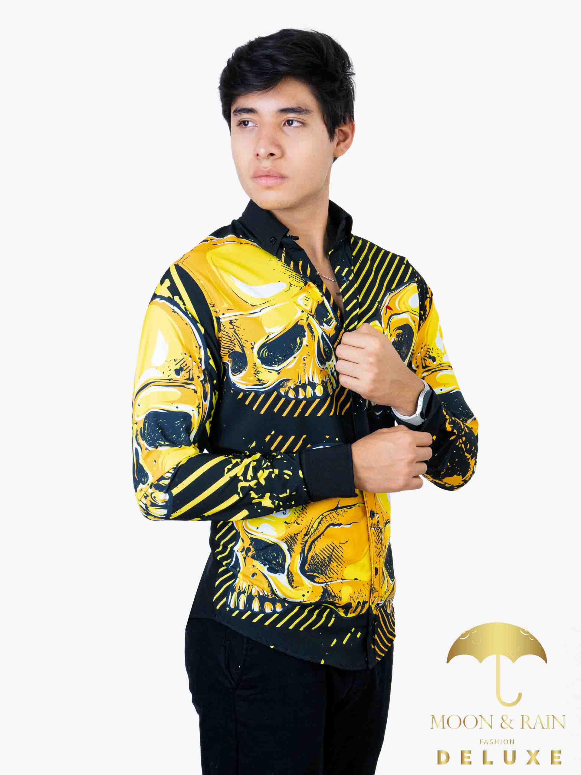 Camisa Hombre Casual Slim Fit Negro Cráneo Oro - 34 (S)-Tiendas Platino