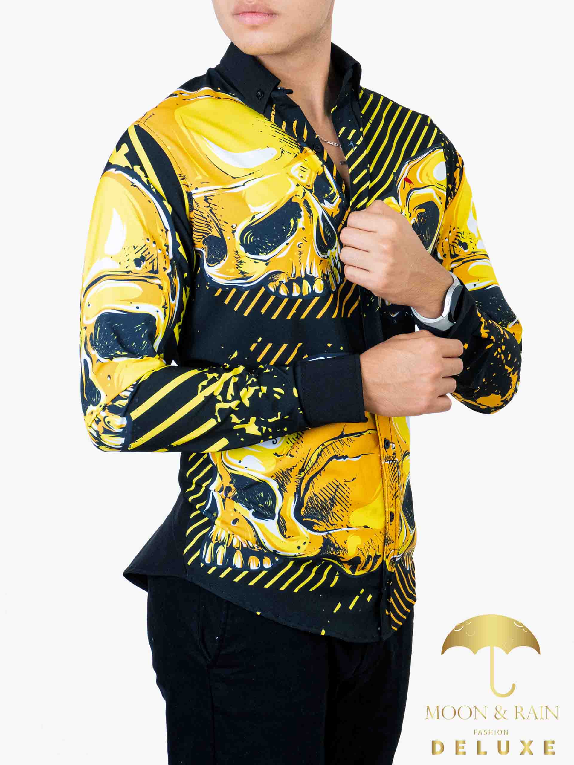 Camisa Hombre Casual Slim Fit Negro Cráneo Oro - 34 (S)-Tiendas Platino
