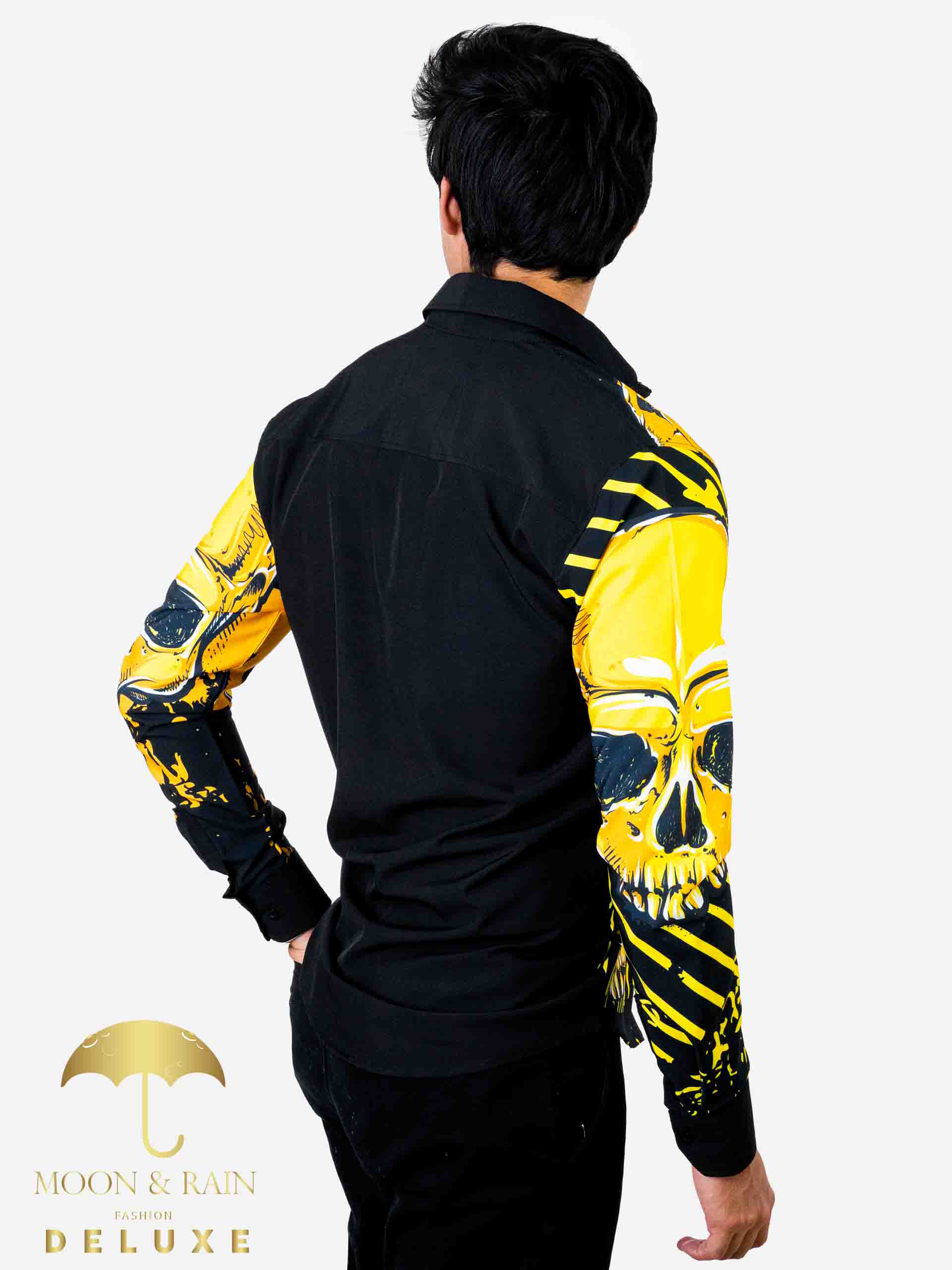 Camisa Hombre Casual Slim Fit Negro Cráneo Oro - 34 (S)-Tiendas Platino